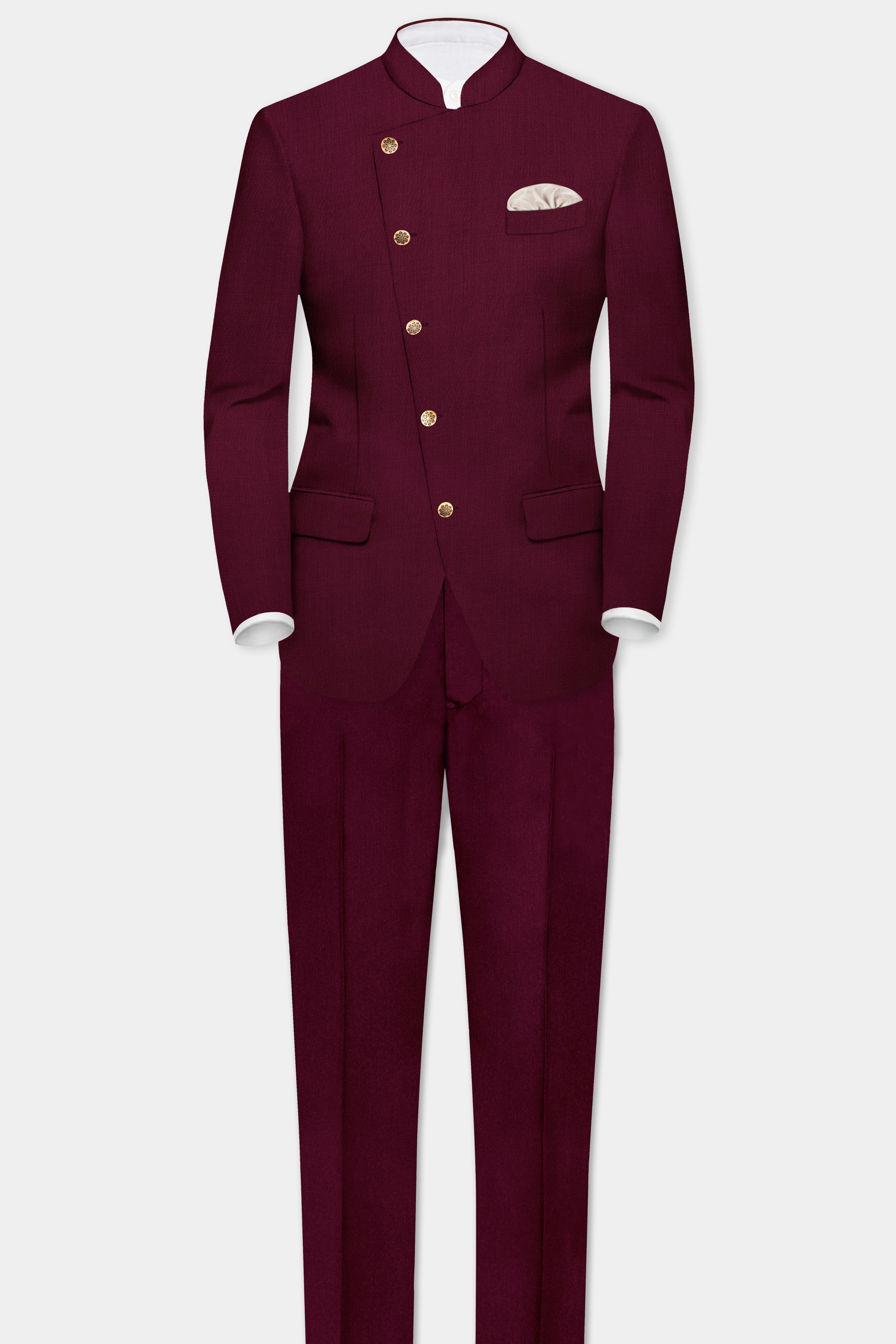 Regal Maroon-Tamarind Solid Wool Rich Cross Placket Bandhgala Slight Stretch Suit