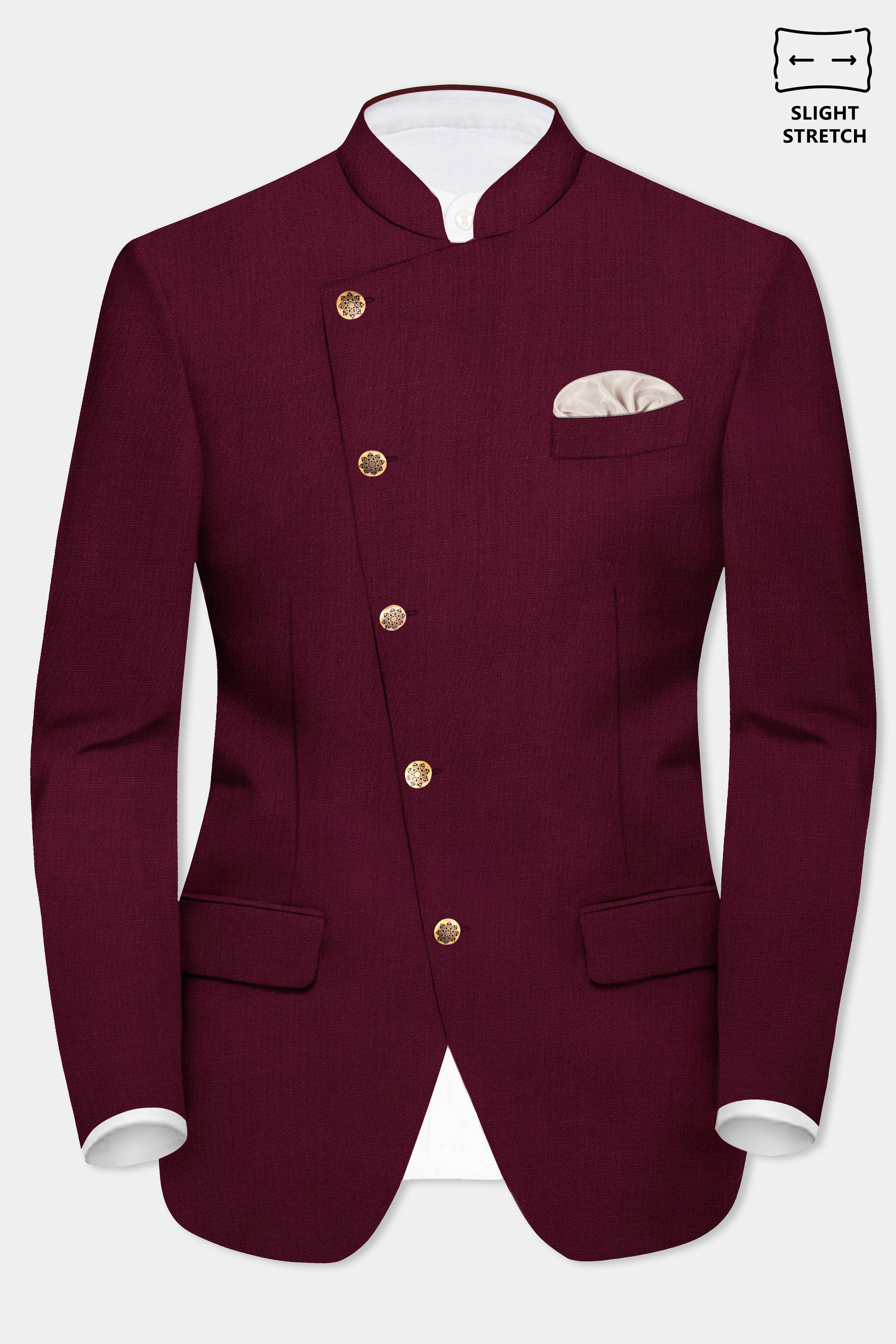 Regal Maroon-Tamarind Solid Wool Rich Cross Placket Bandhgala Slight Stretch Suit
