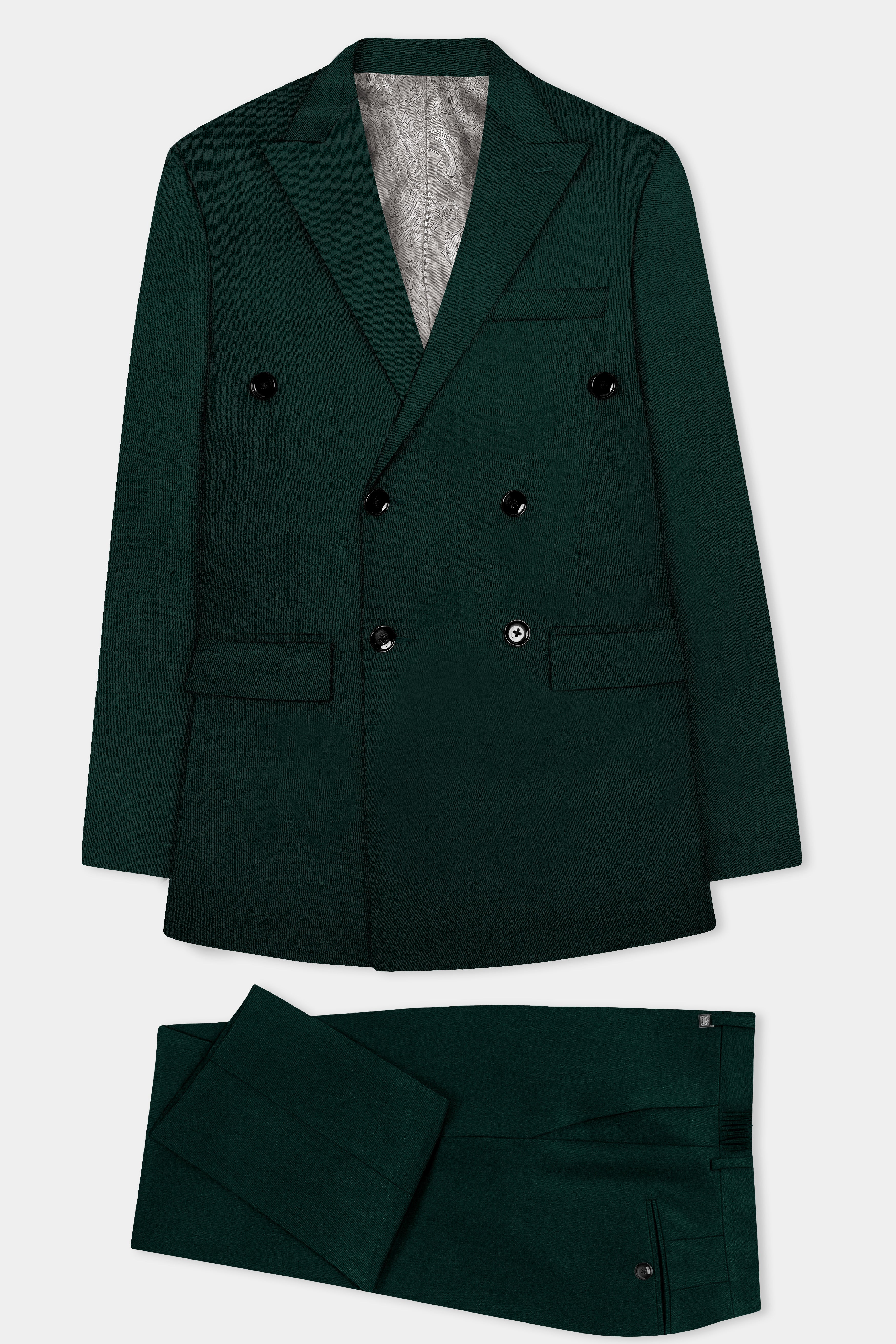 Emerald-Zucchini Green Solid Wool Rich Double Breasted Slight Stretch Suit