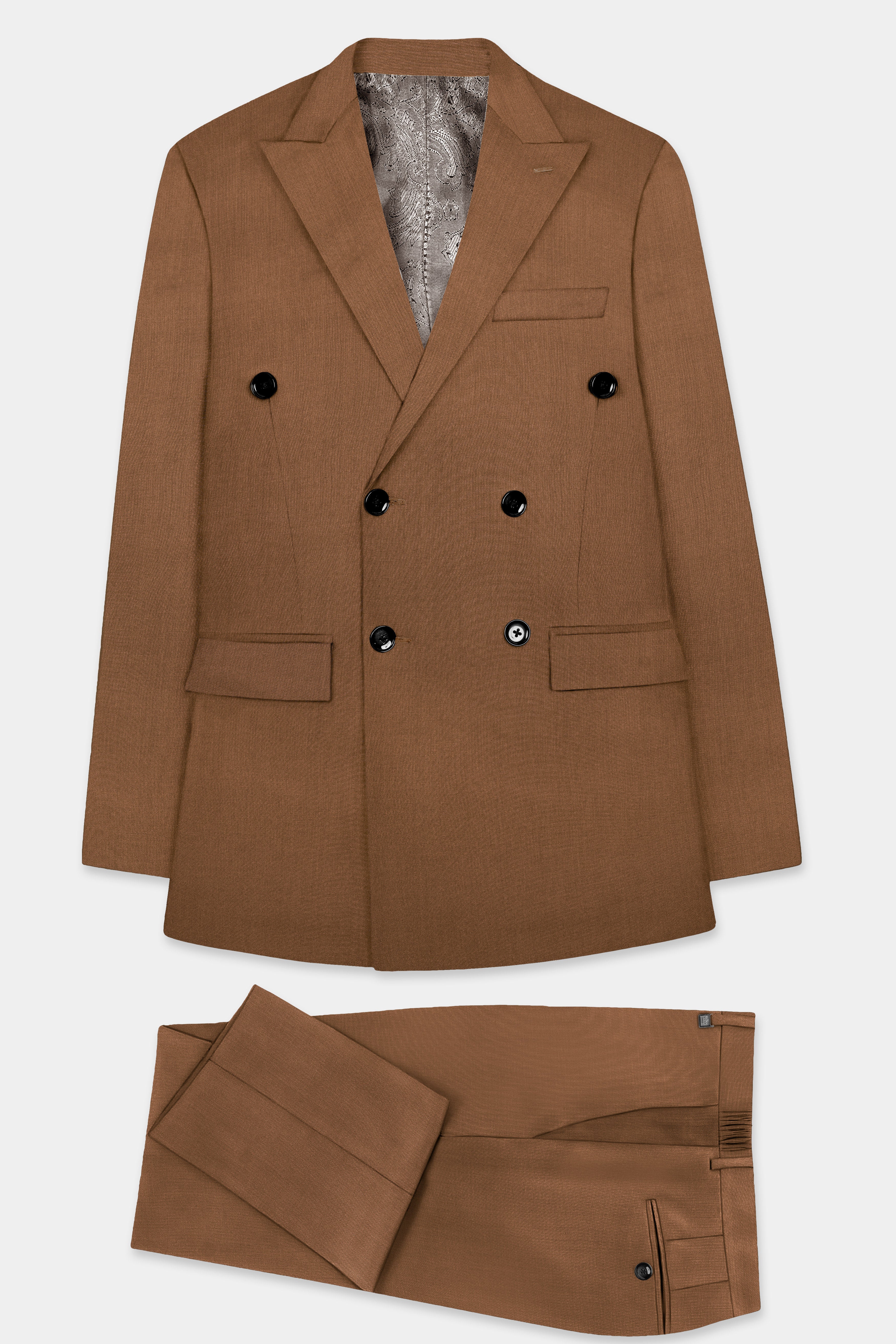 Bronze-Tawny Brown Solid Wool Rich Double Breasted Slight Stretch Suit