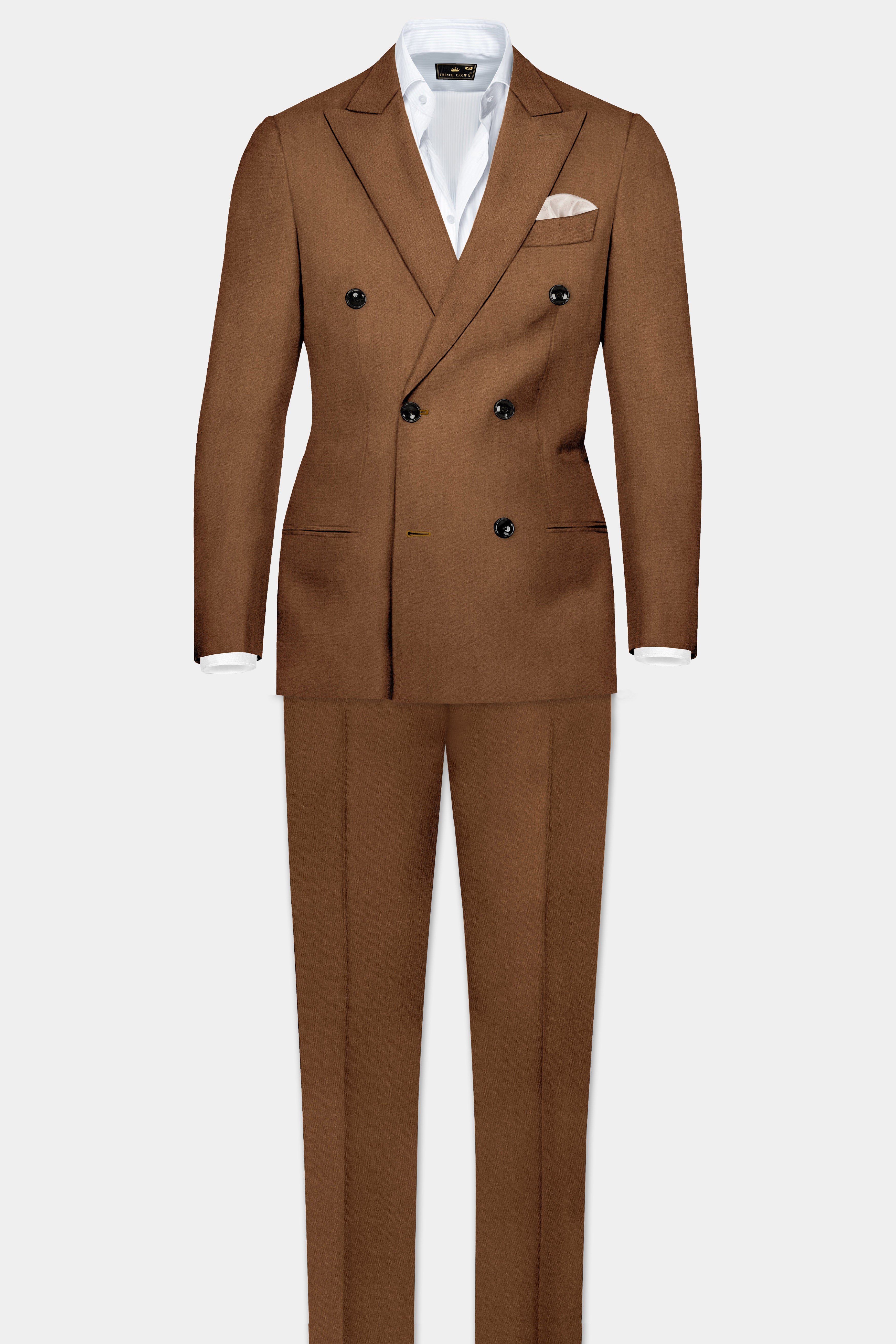 Bronze-Tawny Brown Solid Wool Rich Double Breasted Slight Stretch Suit