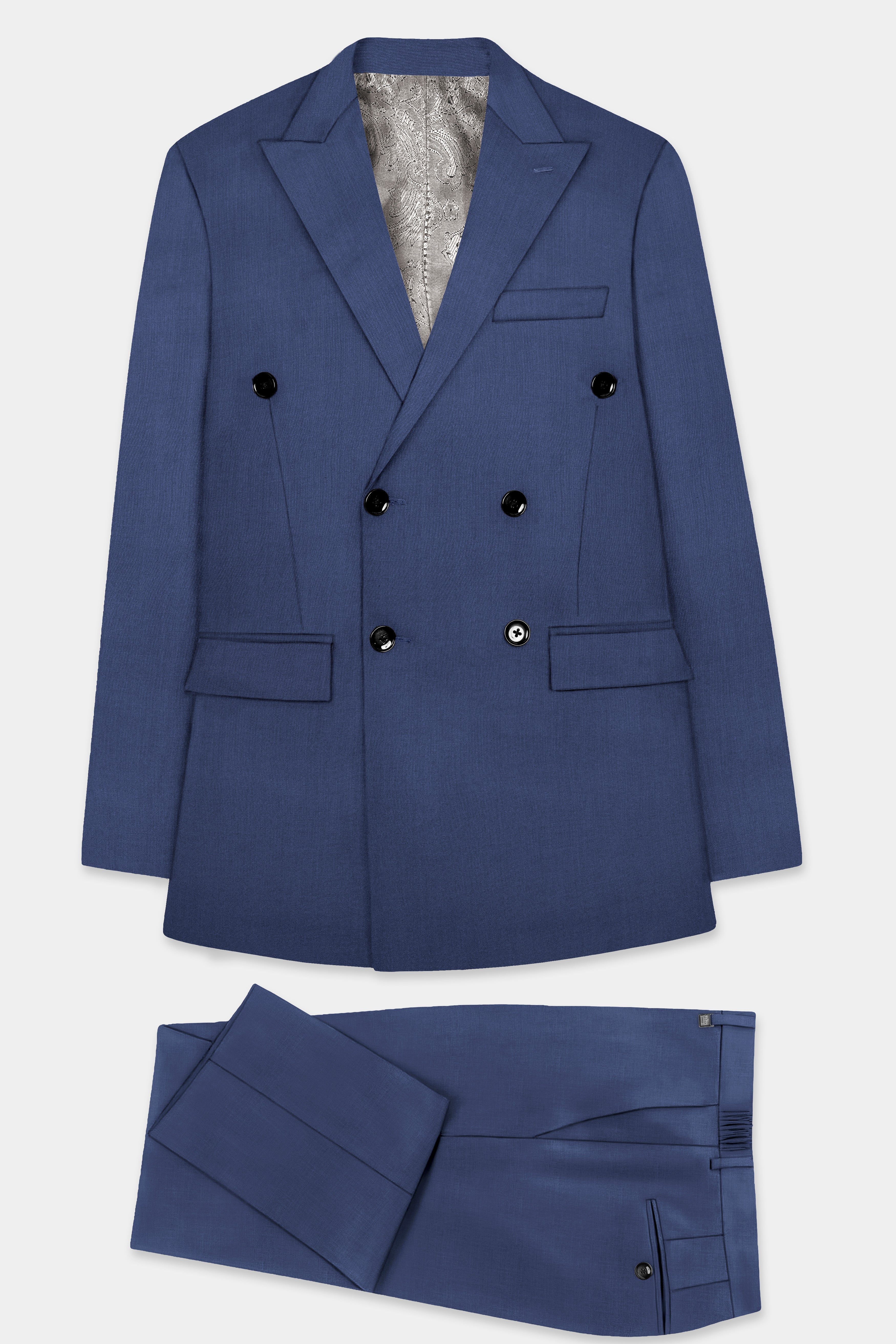 Sapphire-Glaucous Blue Solid Wool Rich Double Breasted Slight Stretch Suit