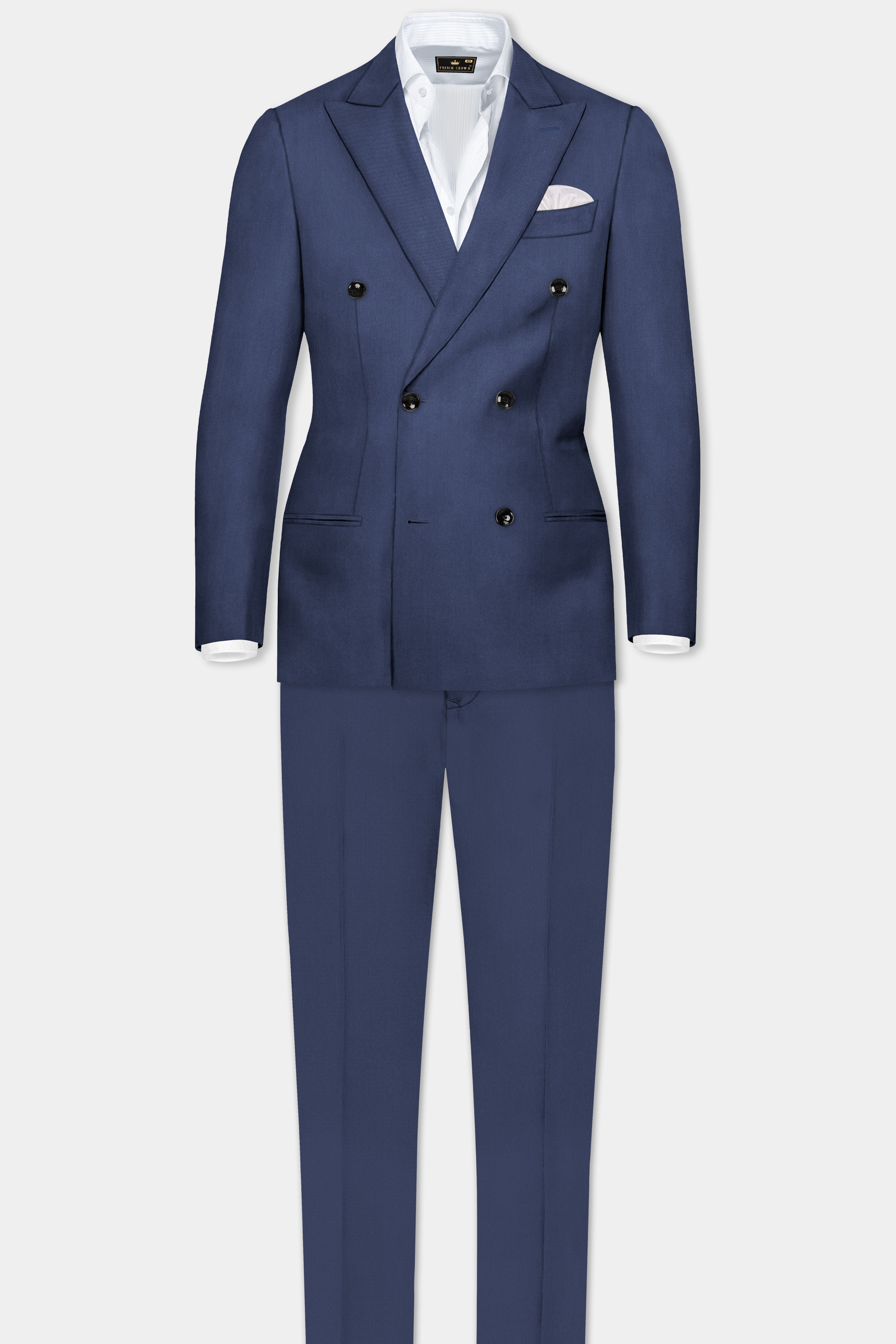 Sapphire-Glaucous Blue Solid Wool Rich Double Breasted Slight Stretch Suit