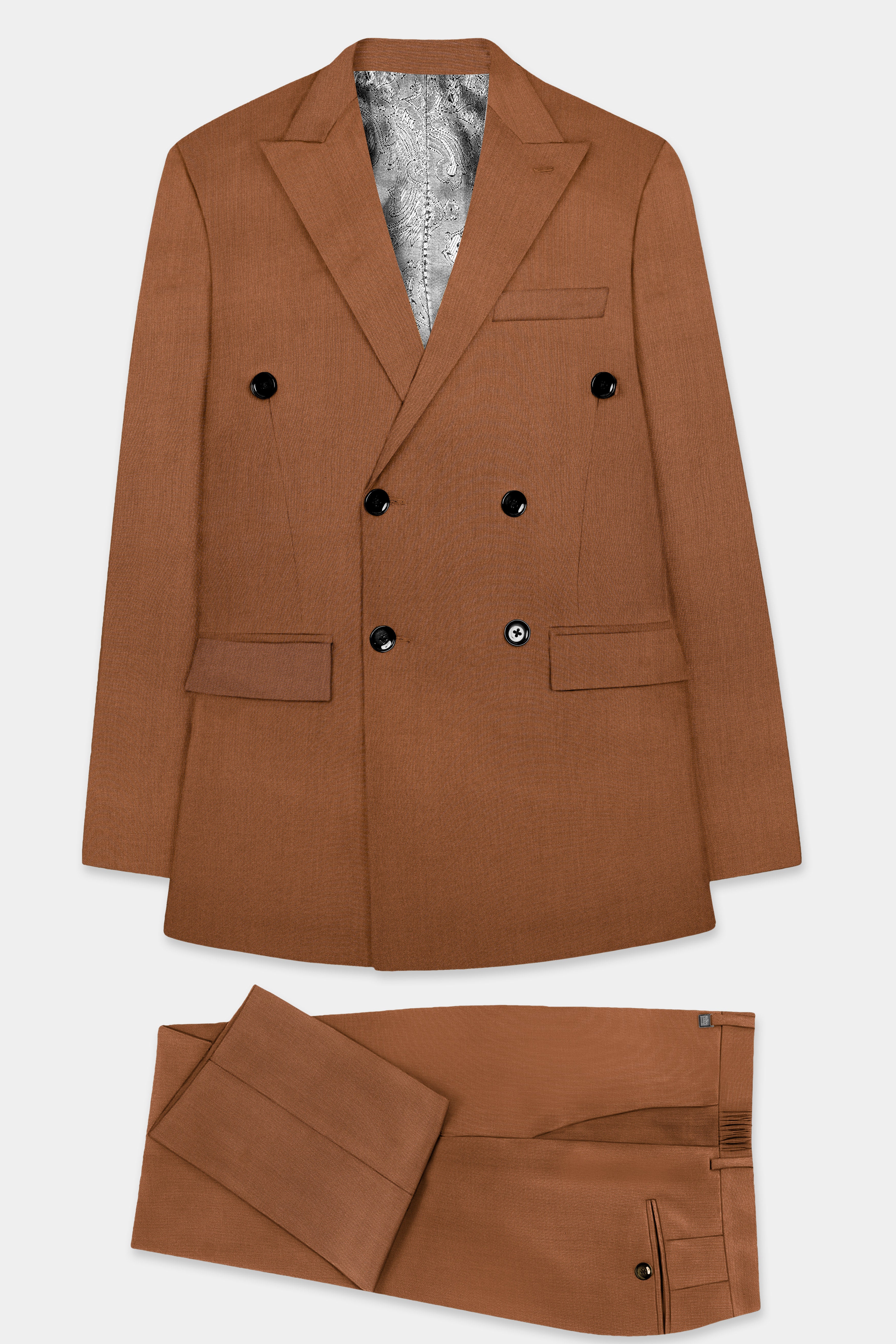 Cinnamon Oak-Sienna Brown Solid Wool Rich Double Breasted Slight Stretch Suit