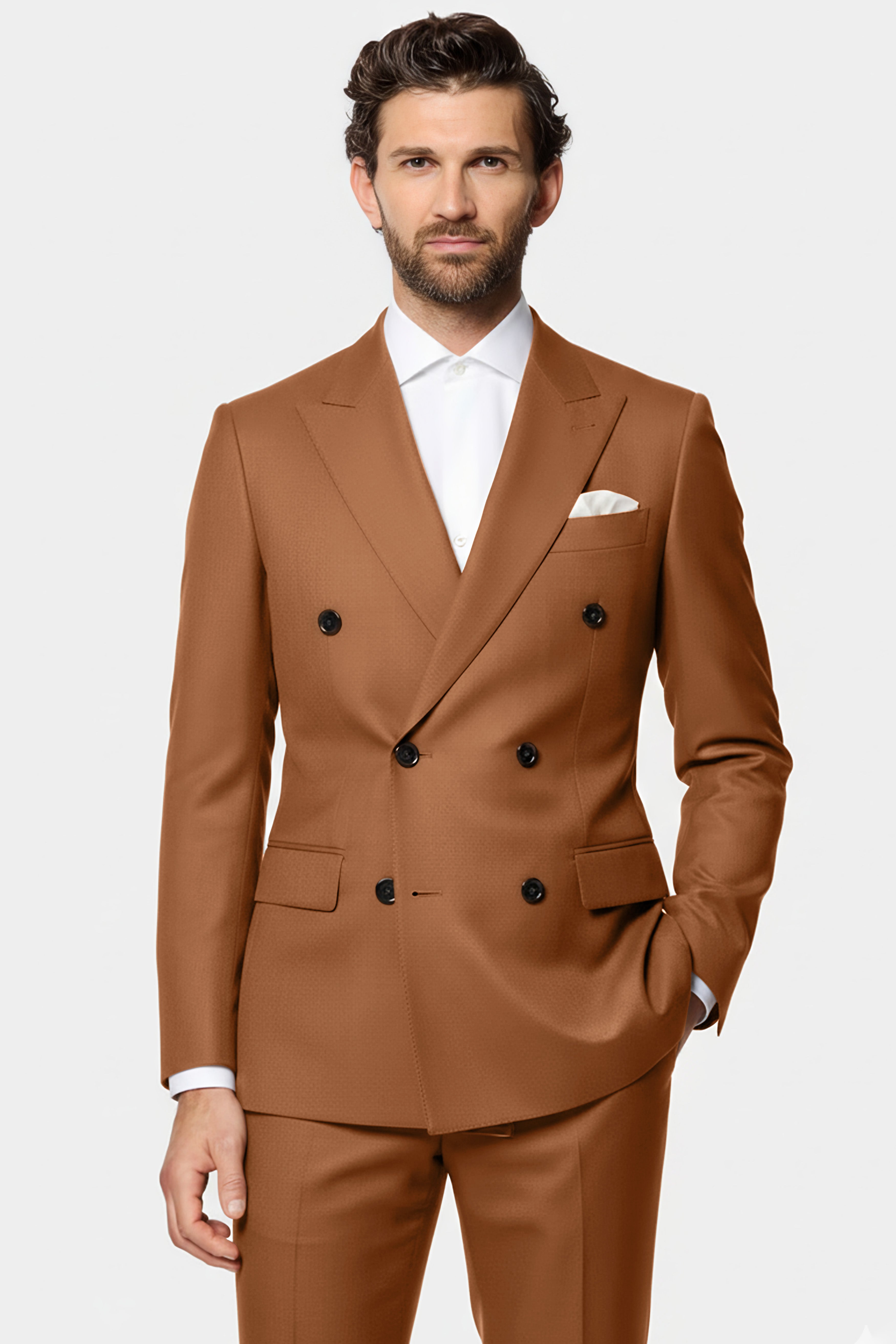Cinnamon Oak-Sienna Brown Solid Wool Rich Double Breasted Slight Stretch Suit