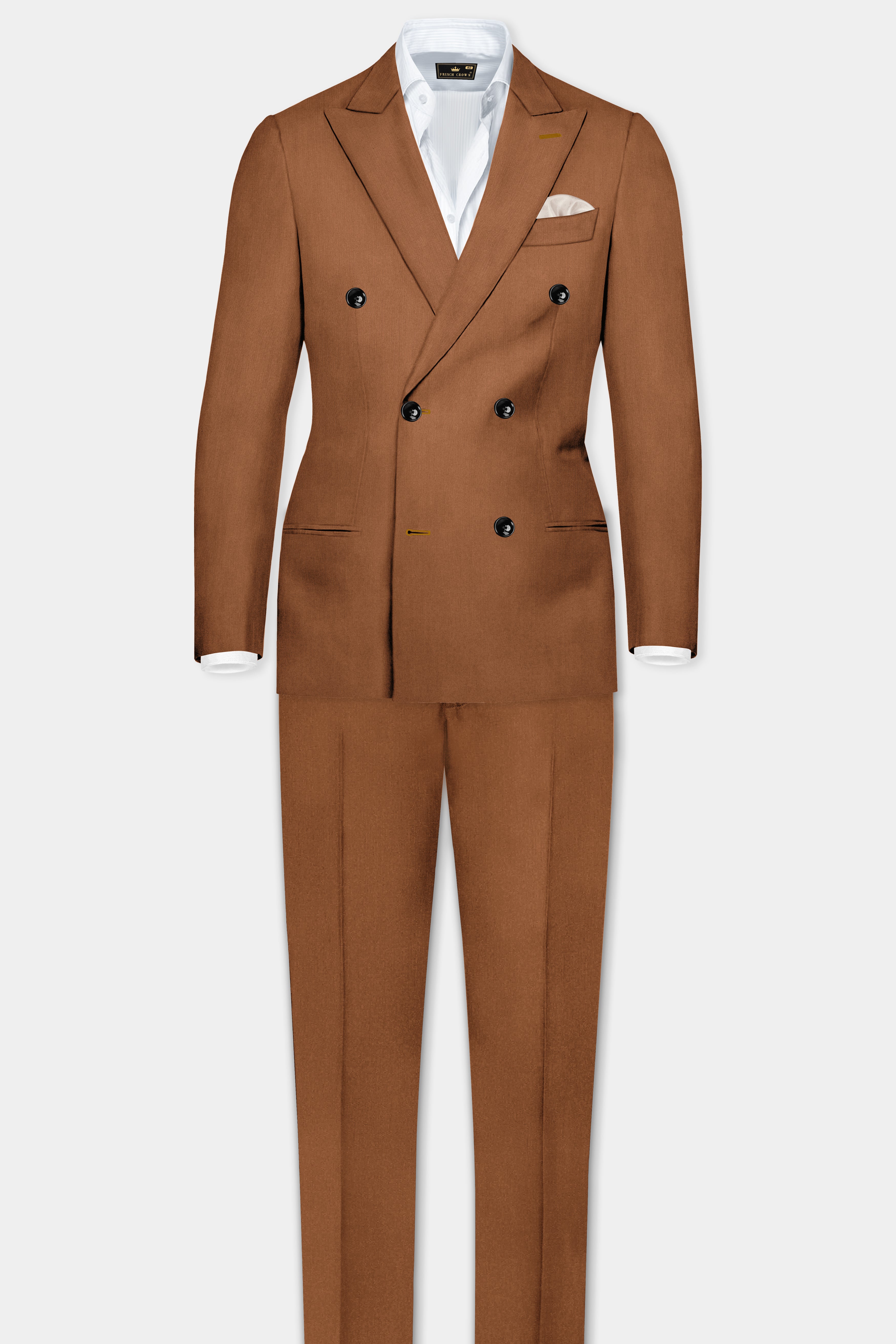 Cinnamon Oak-Sienna Brown Solid Wool Rich Double Breasted Slight Stretch Suit