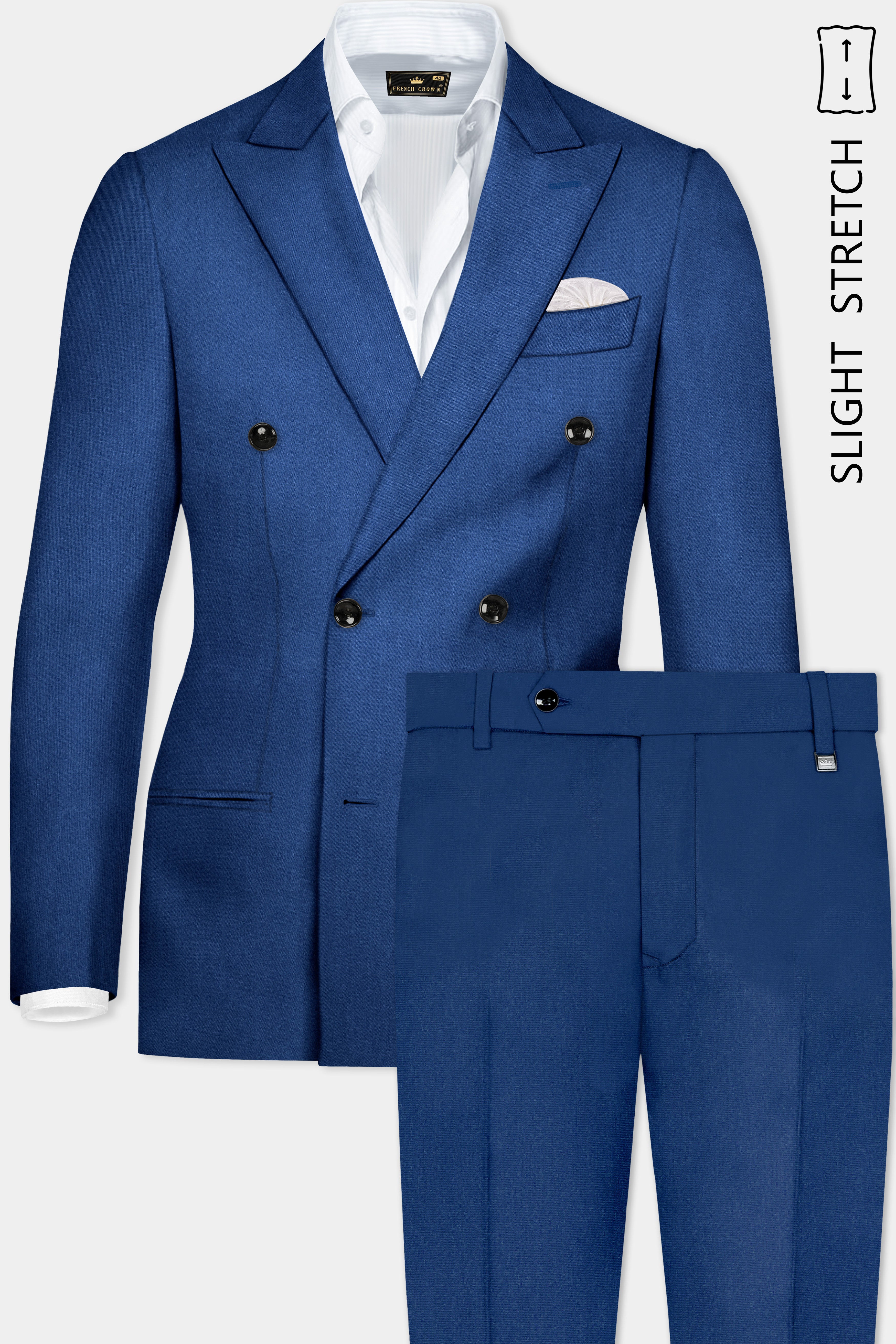 Cerulean Elite-Cobalt Blue Solid Wool Rich Double Breasted Slight Stretch Suit