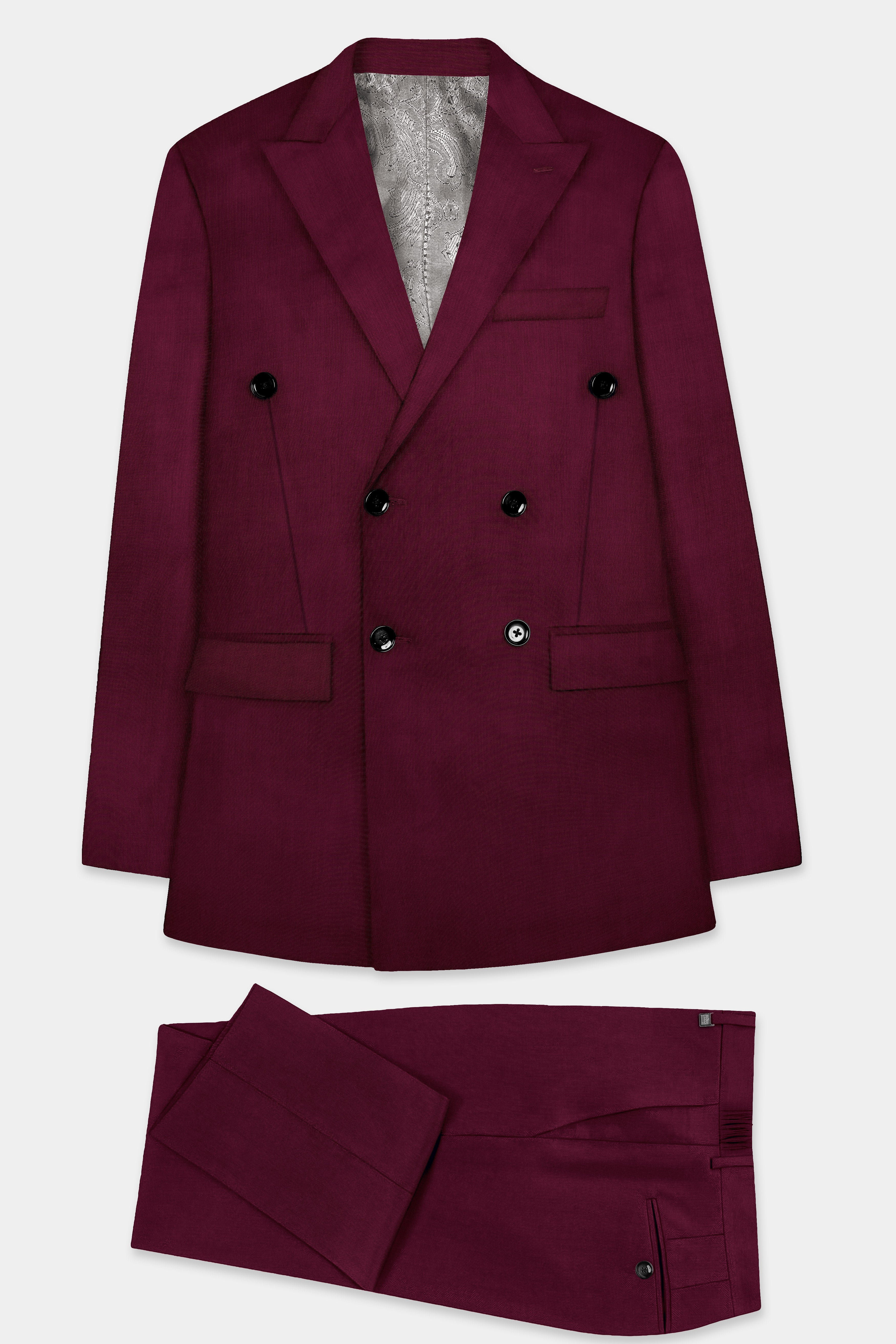 Regal Maroon-Tamarind Solid Wool Rich Double Breasted Slight Stretch Suit