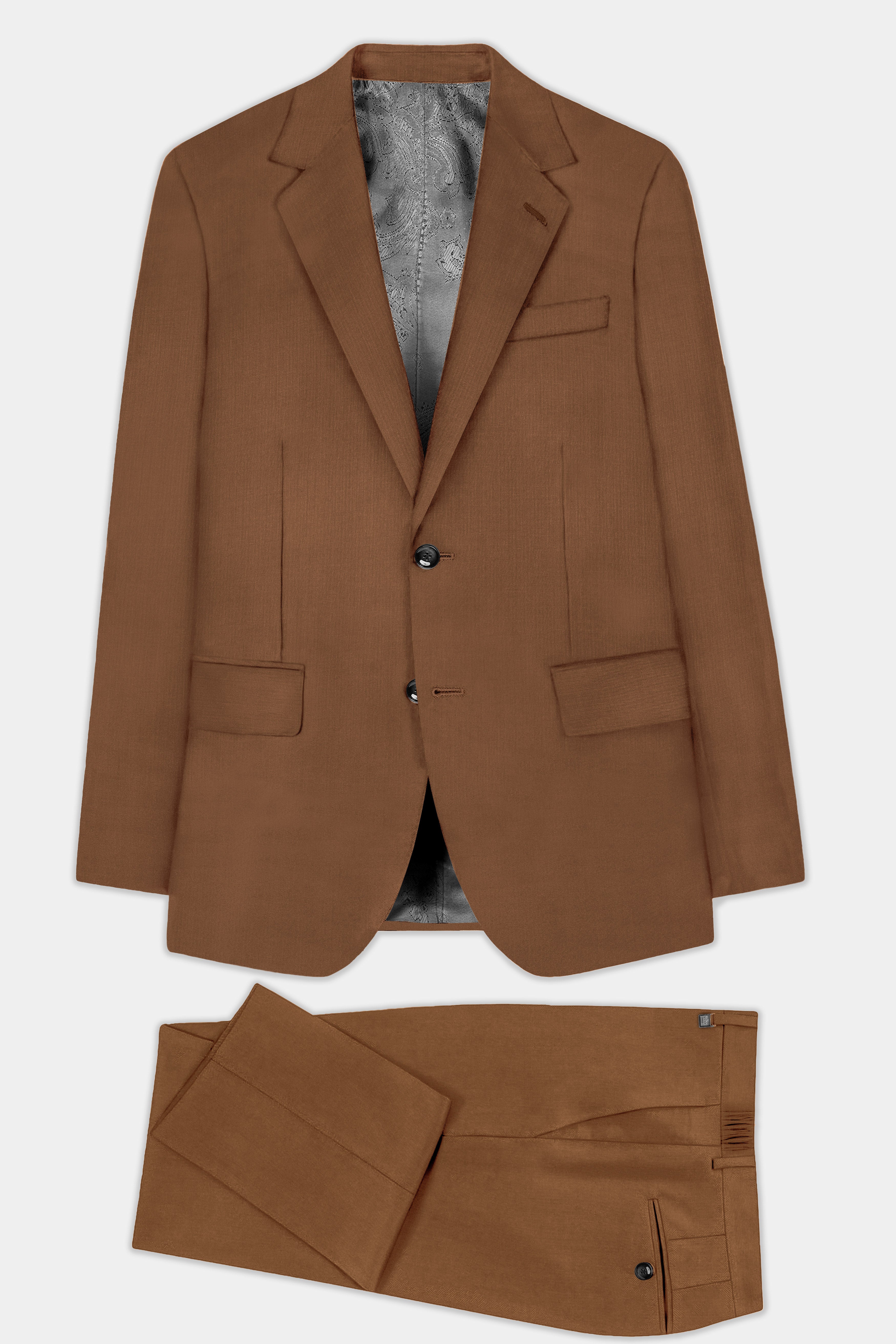 Bronze-Tawny Brown Solid Wool Rich Single Breasted Slight Stretch Suit