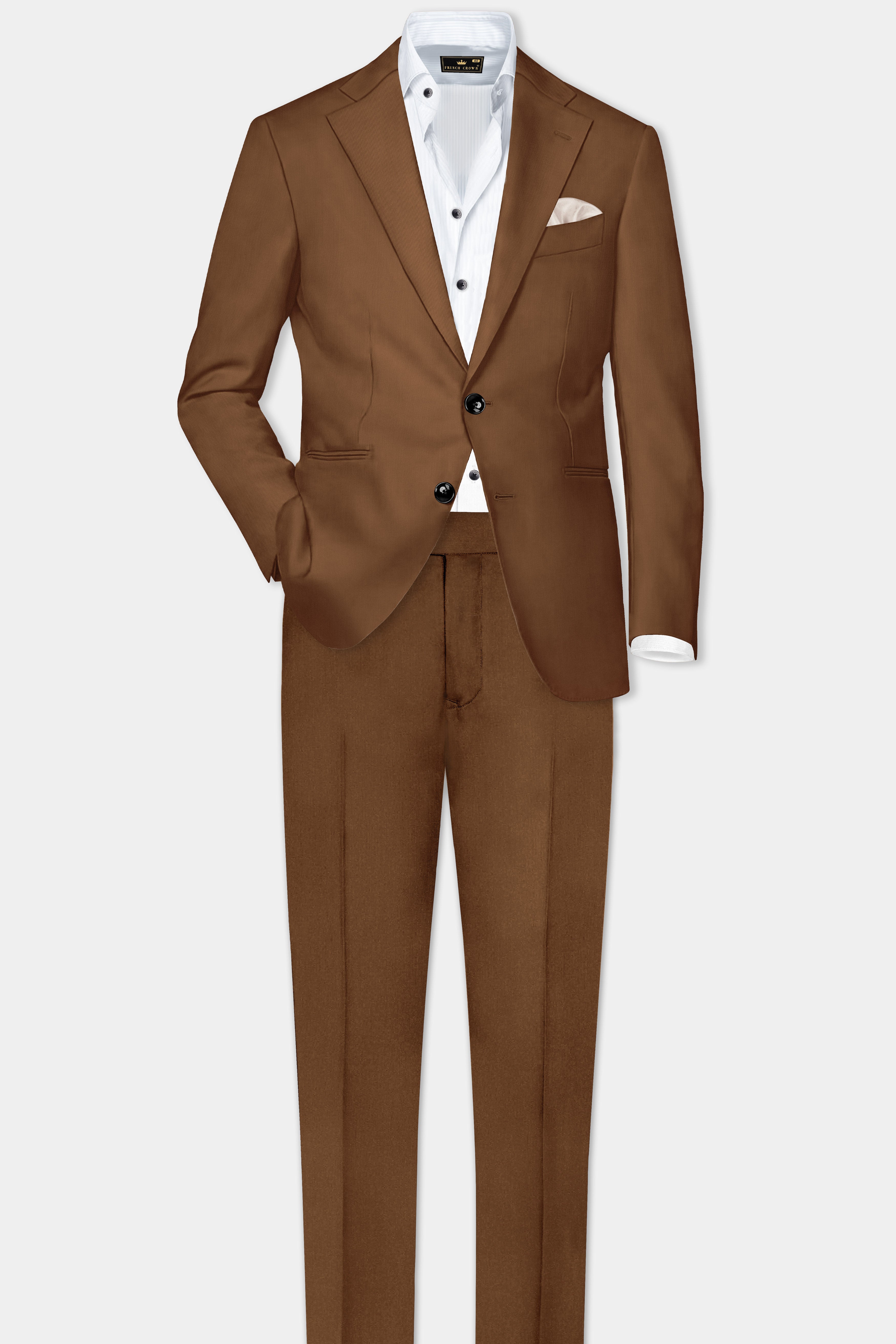 Bronze-Tawny Brown Solid Wool Rich Single Breasted Slight Stretch Suit