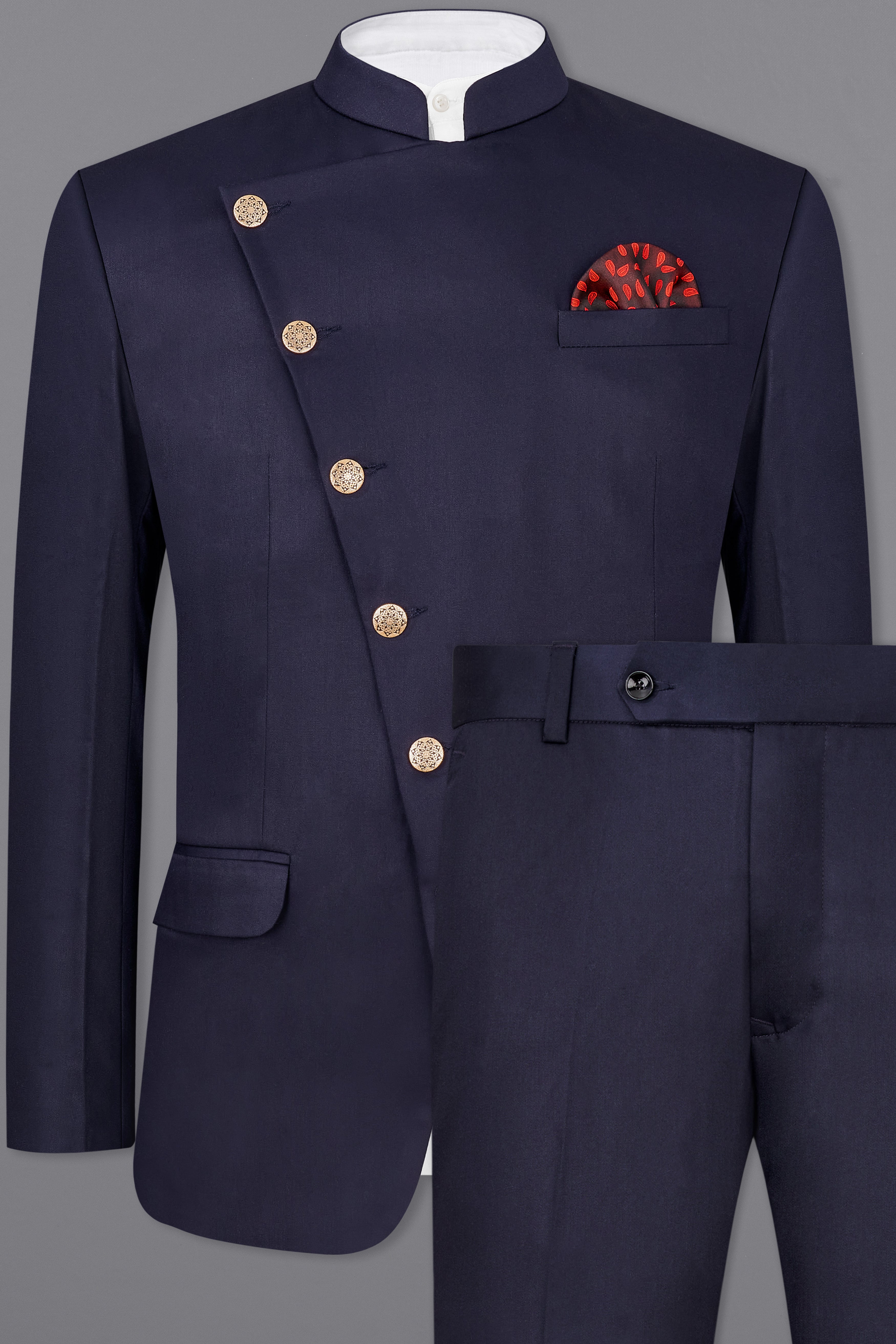 Navy Subtle Sheen Cross Placket Bandhgala/Mandarin Wool-Silk blend Suit