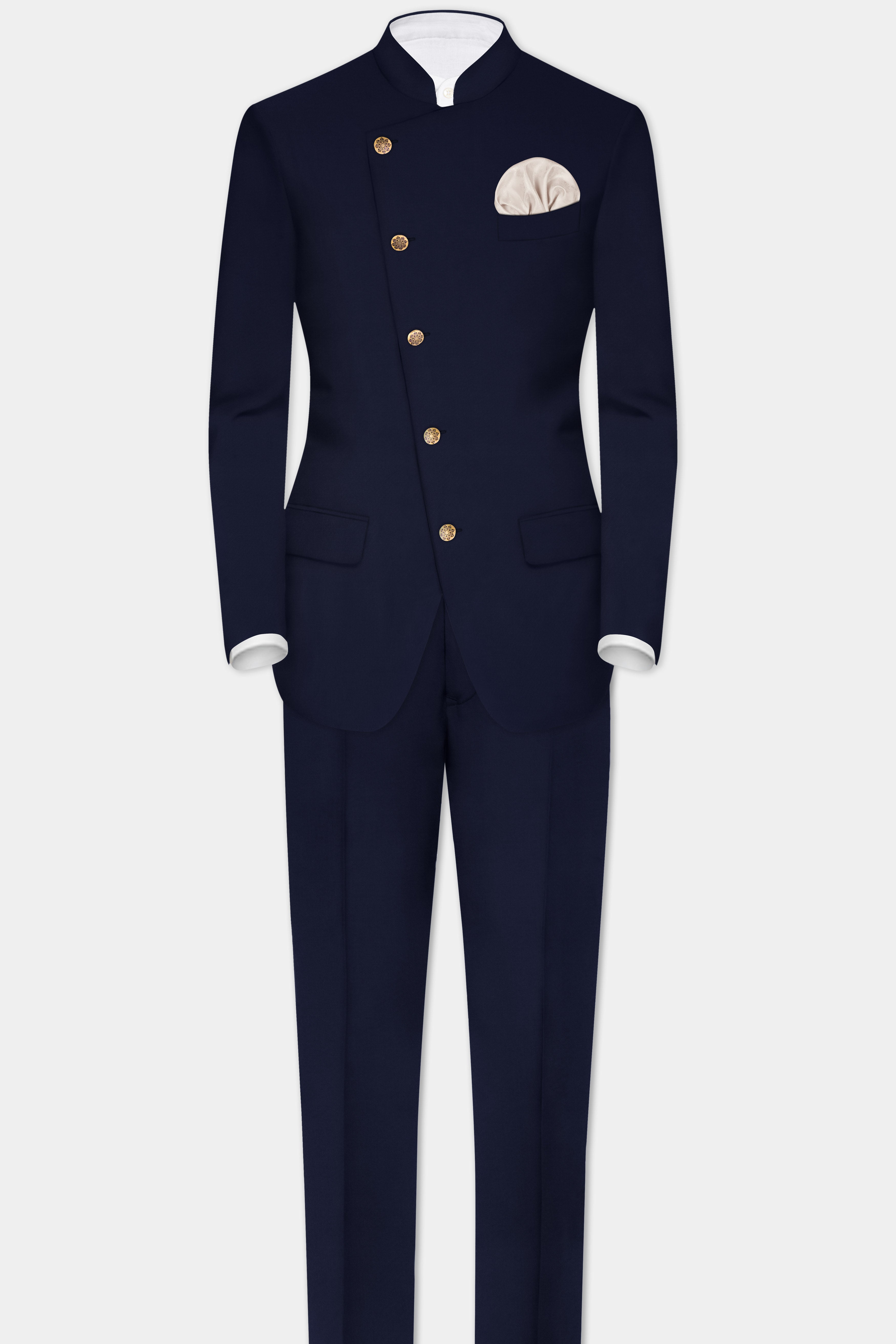 Navy Subtle Sheen Cross Placket Bandhgala/Mandarin Wool-Silk blend Suit