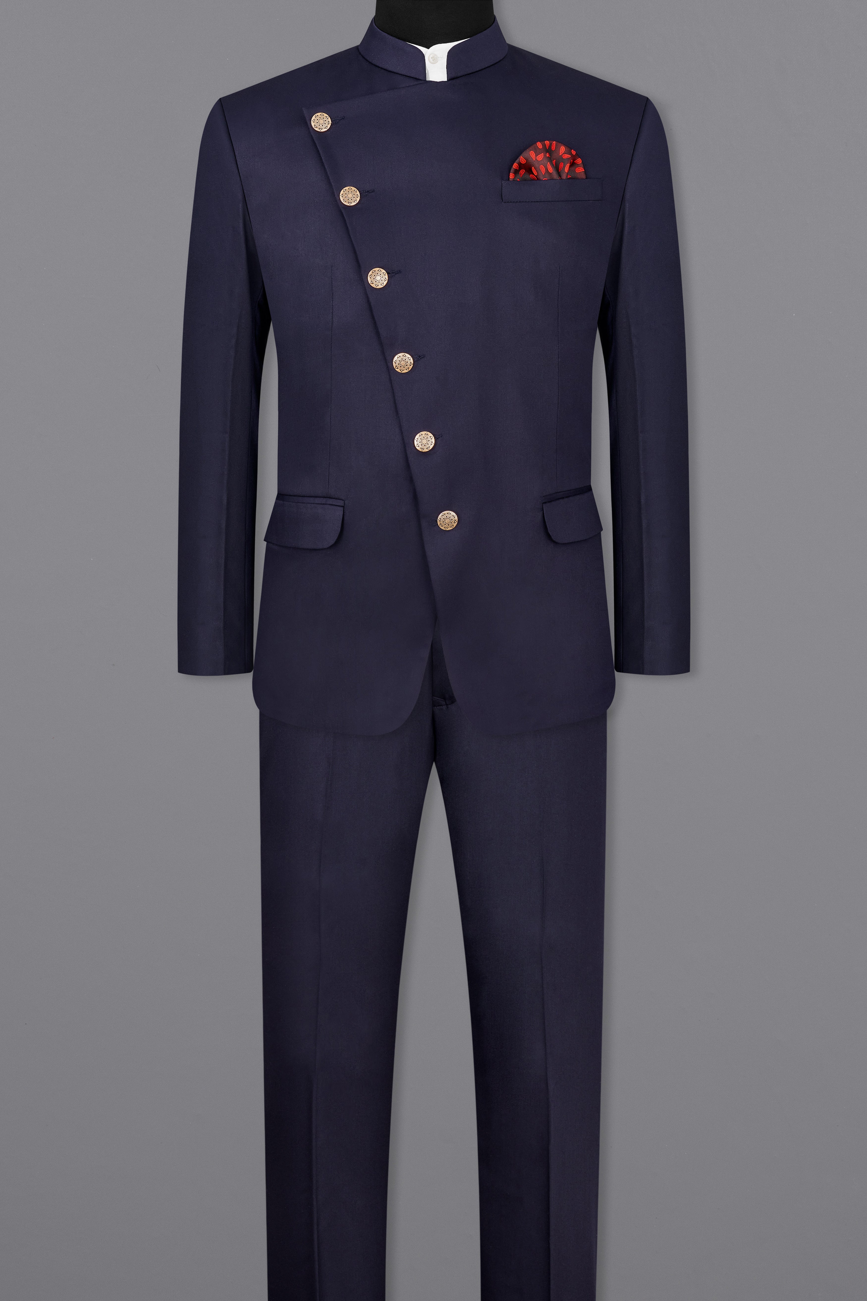 Navy Subtle Sheen Cross Placket Bandhgala/Mandarin Wool-Silk blend Suit