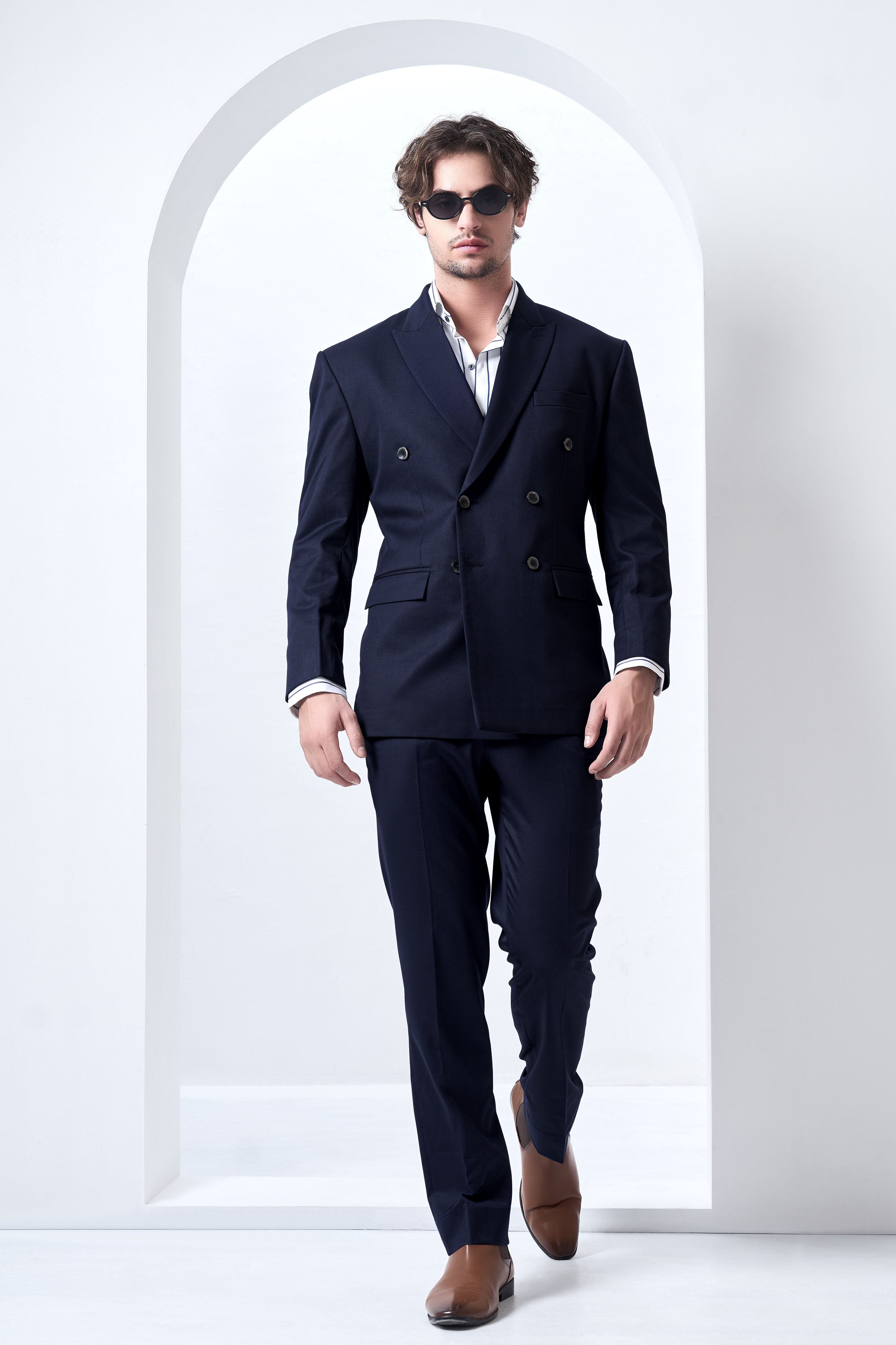 Navy Subtle Sheen Wool Blend Double Breasted Suit