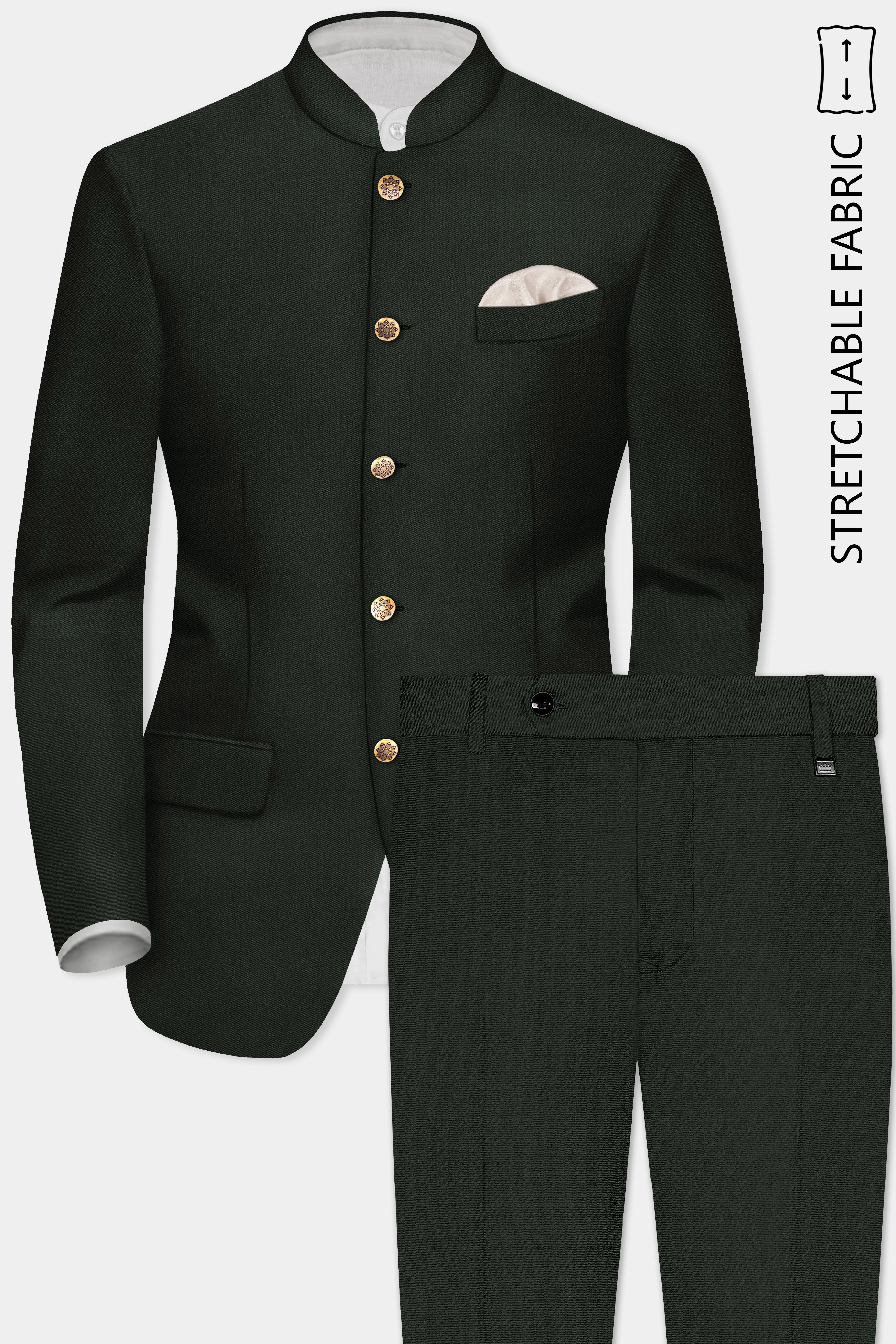 Verdant Majesty-Juniper Green Solid Wool Rich Bandhgala Stretchable traveler Suit