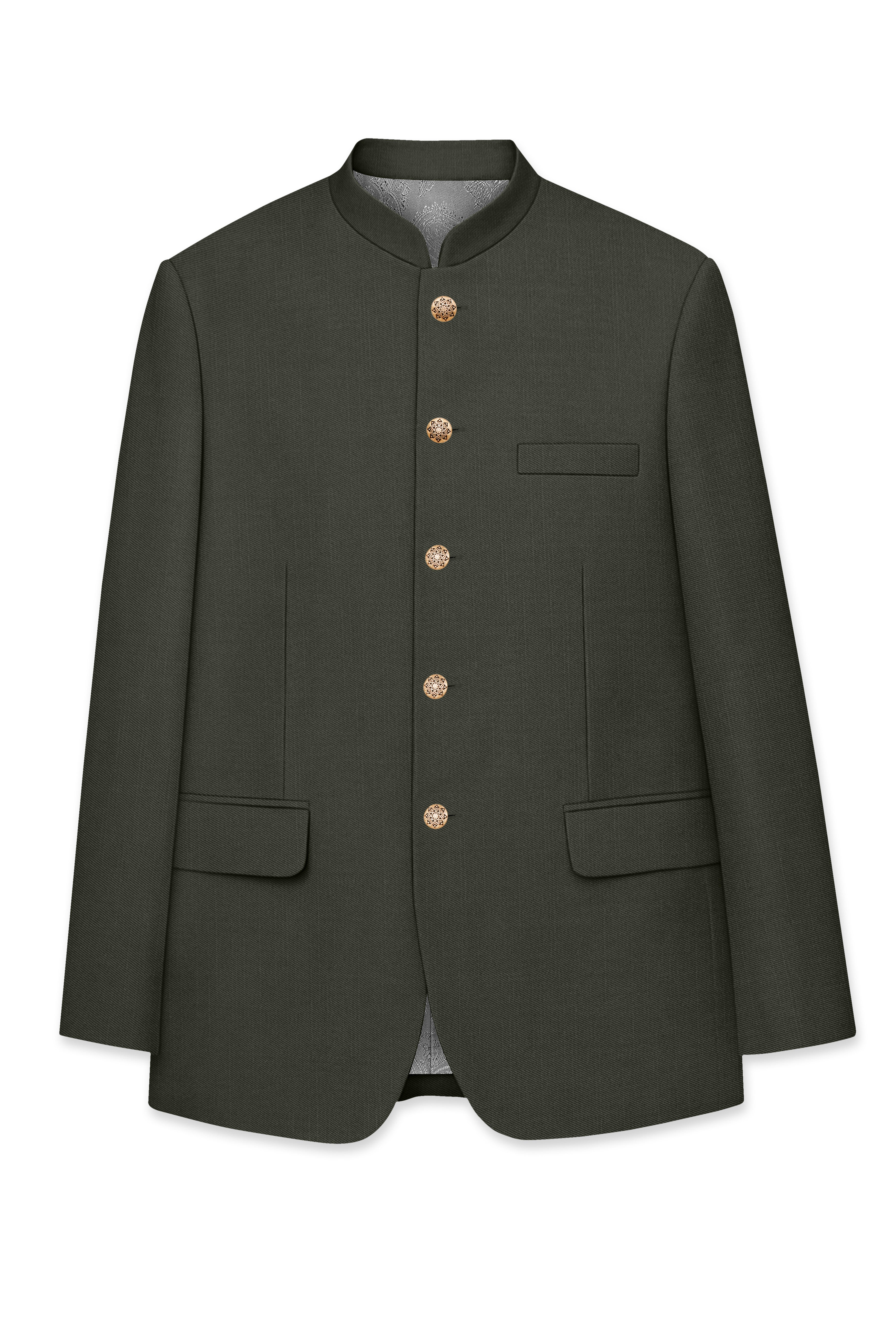 Verdant Majesty-Juniper Green Solid Wool Rich Bandhgala Slight Stretch Suit