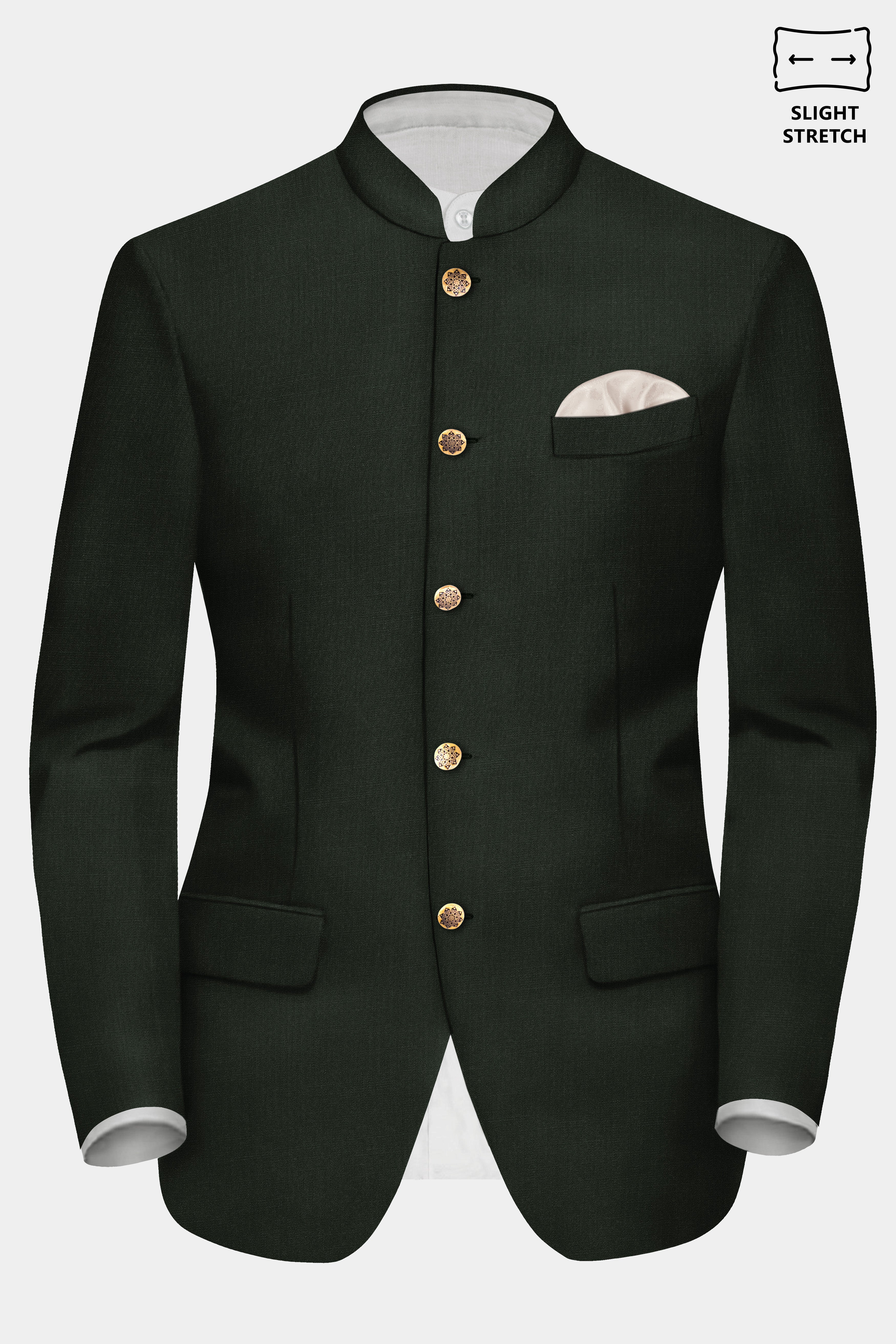 Verdant Majesty-Juniper Green Solid Wool Rich Bandhgala Slight Stretch Suit
