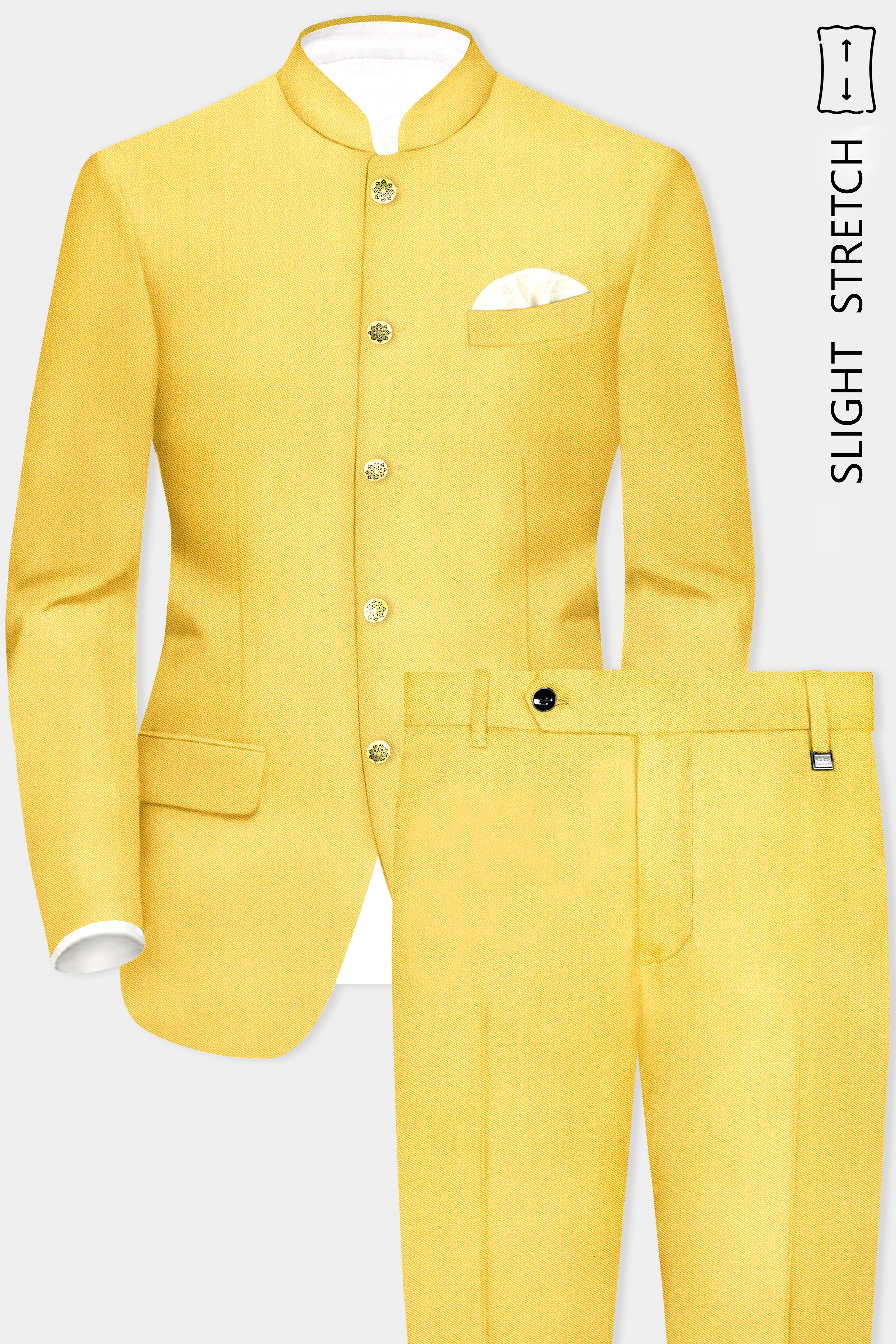Saffron Elegance-Lemon Yellow Solid Wool Rich Bandhgala Slight Stretch Suit