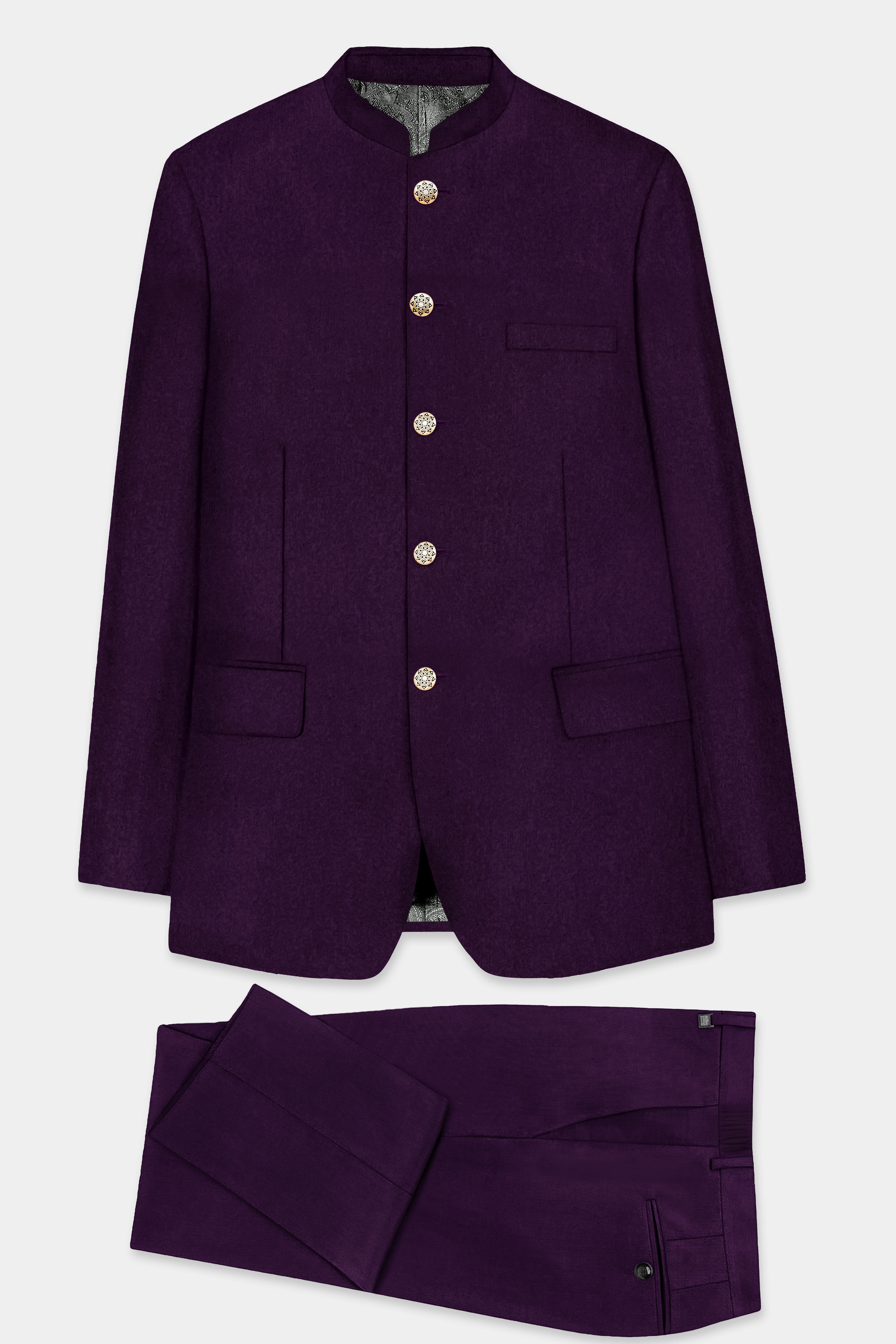 Regal Plum-Eggplant Purple Solid Wool Rich Bandhgala Stretchable traveler Suit
