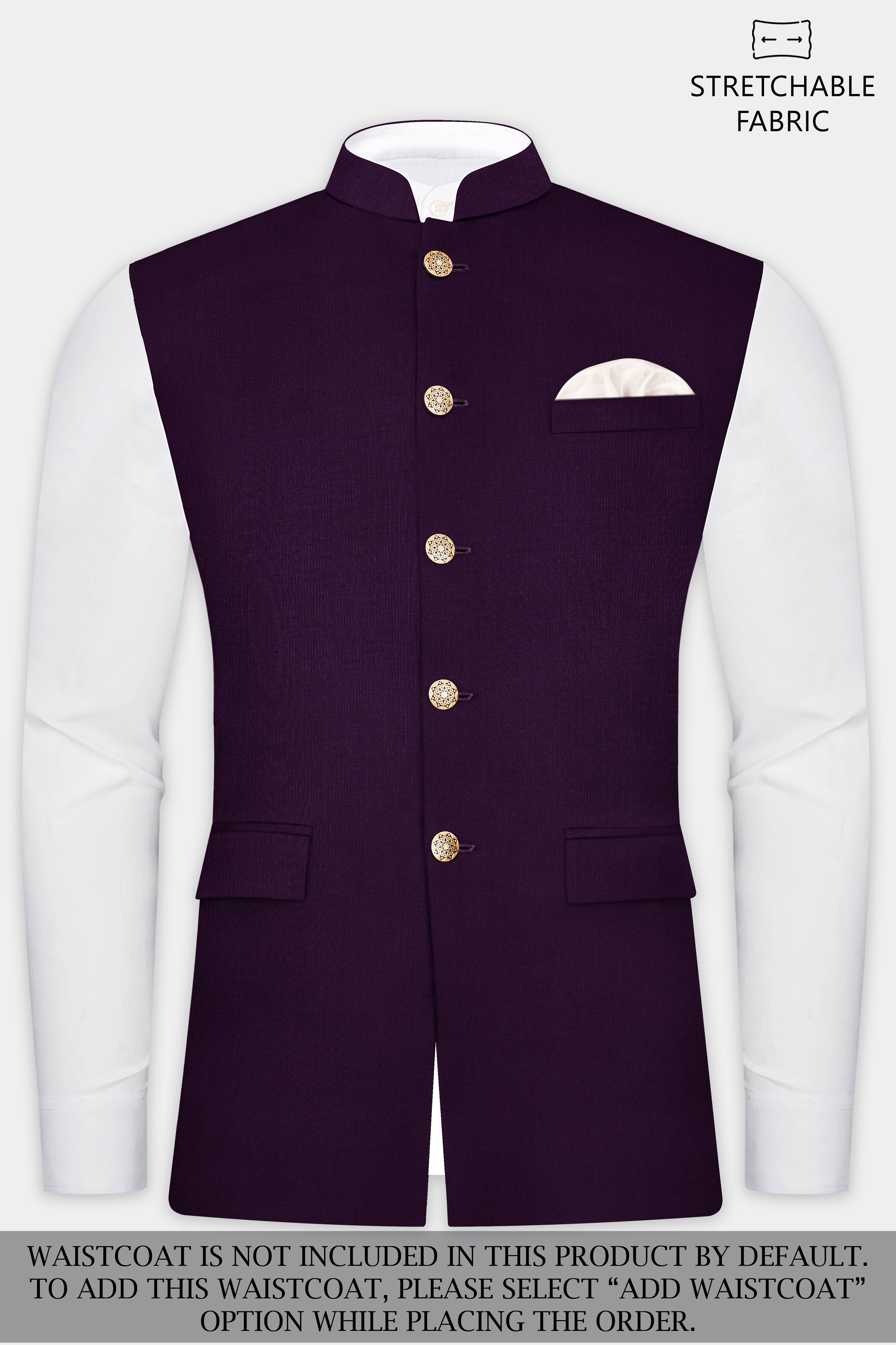 Regal Plum-Eggplant Purple Solid Wool Rich Bandhgala Stretchable traveler Suit