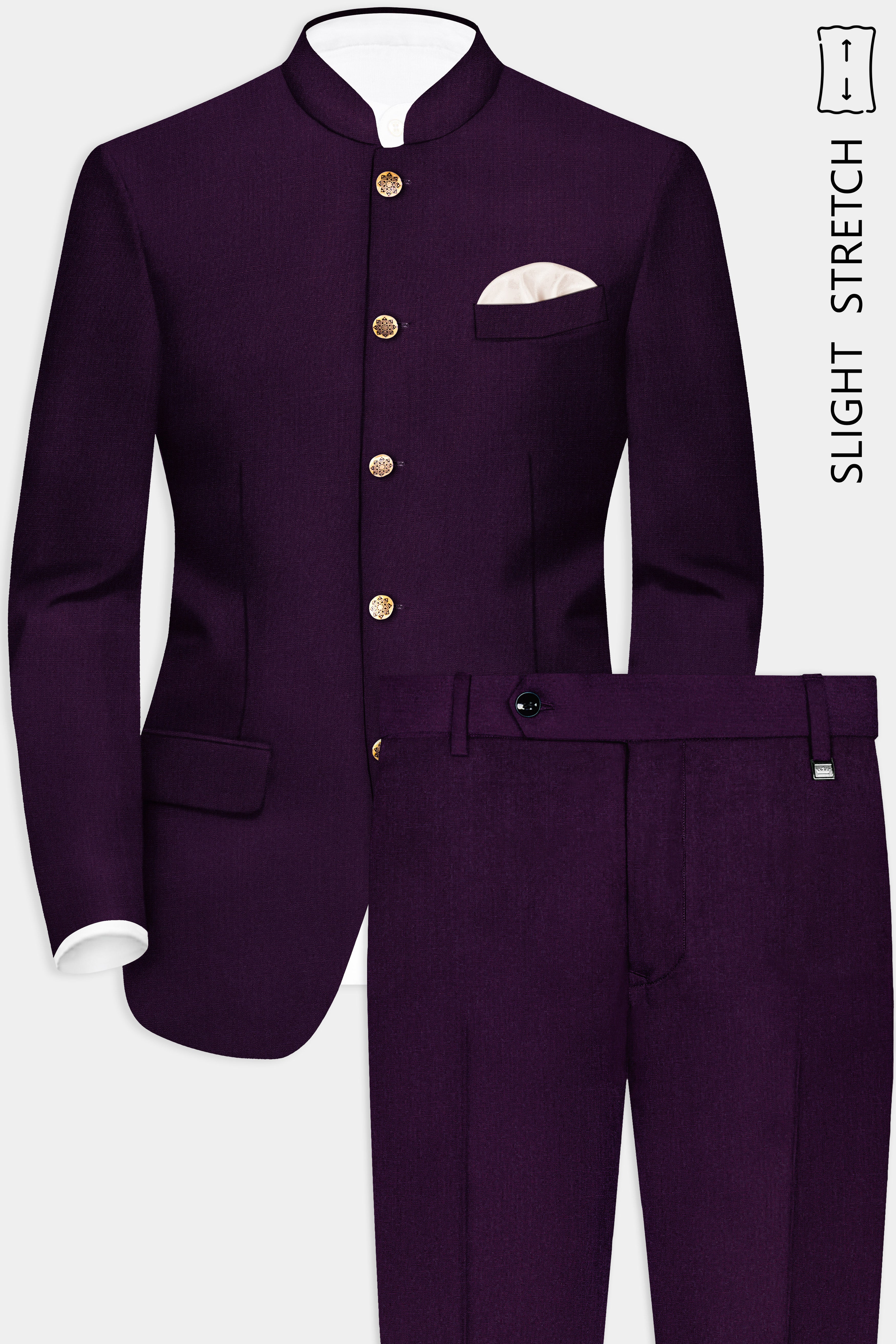 Regal Plum-Eggplant Purple Solid Wool Rich Bandhgala Slight Stretch Suit