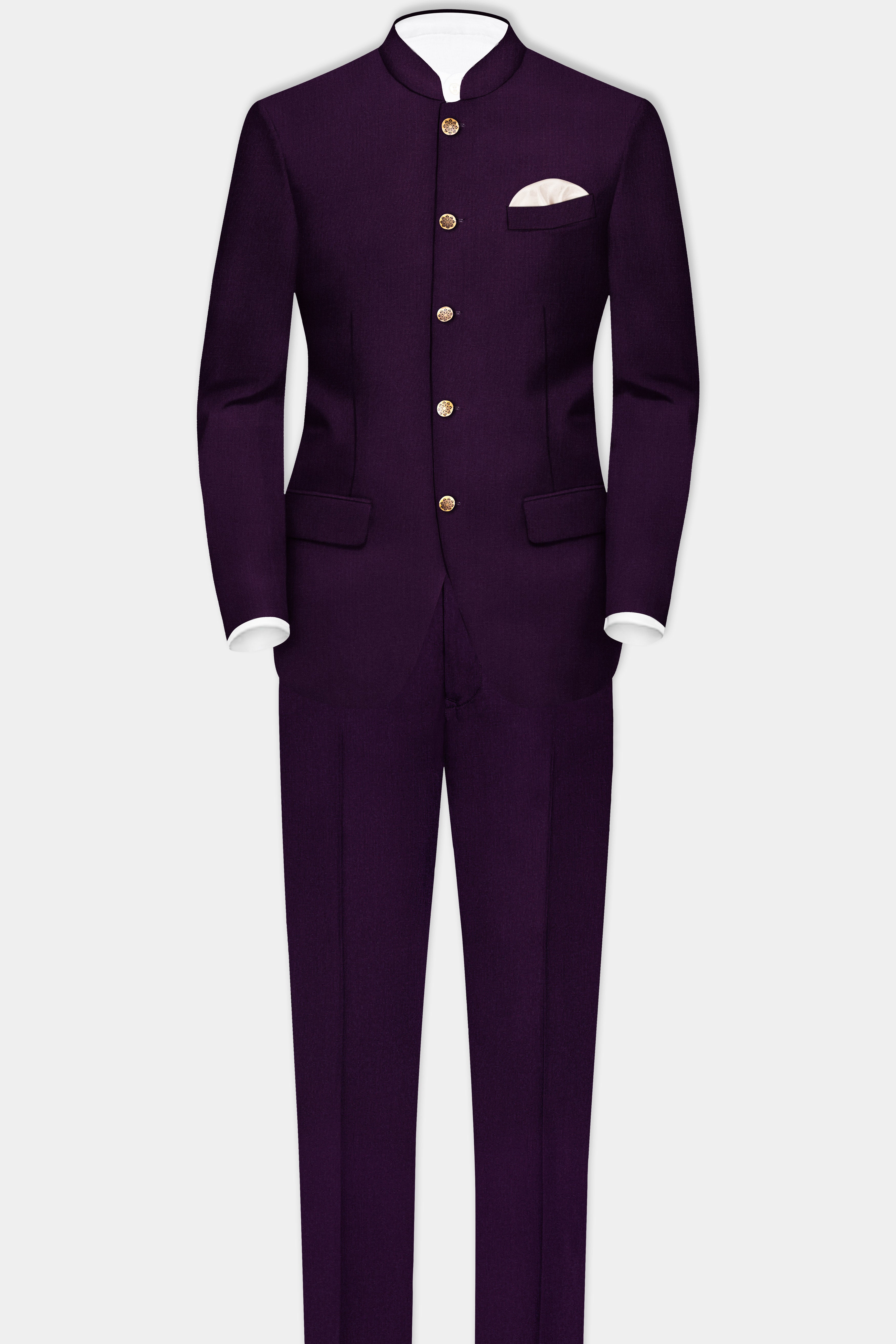 Regal Plum-Eggplant Purple Solid Wool Rich Bandhgala Stretchable traveler Suit