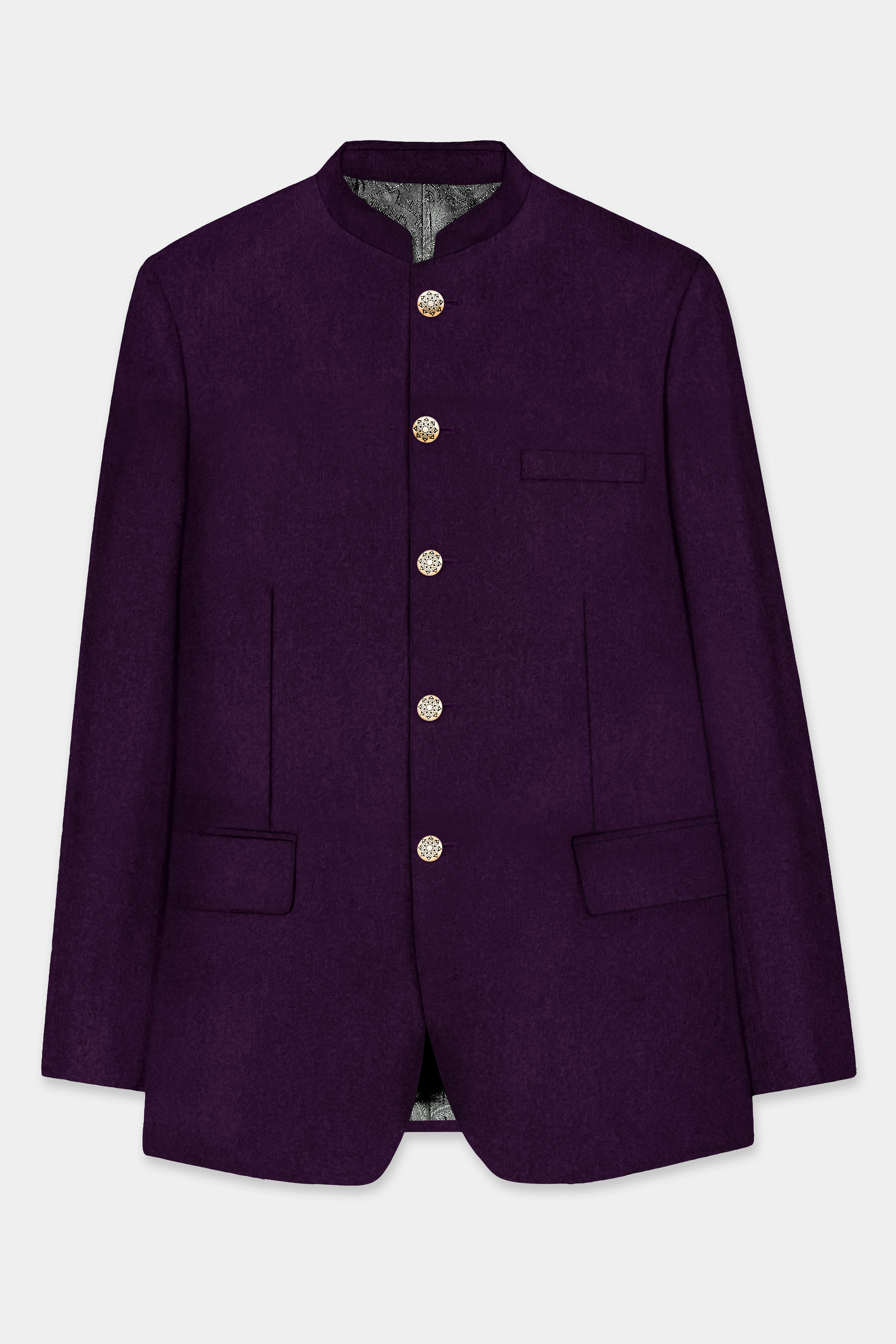 Regal Plum-Eggplant Purple Solid Wool Rich Bandhgala Stretchable traveler Suit