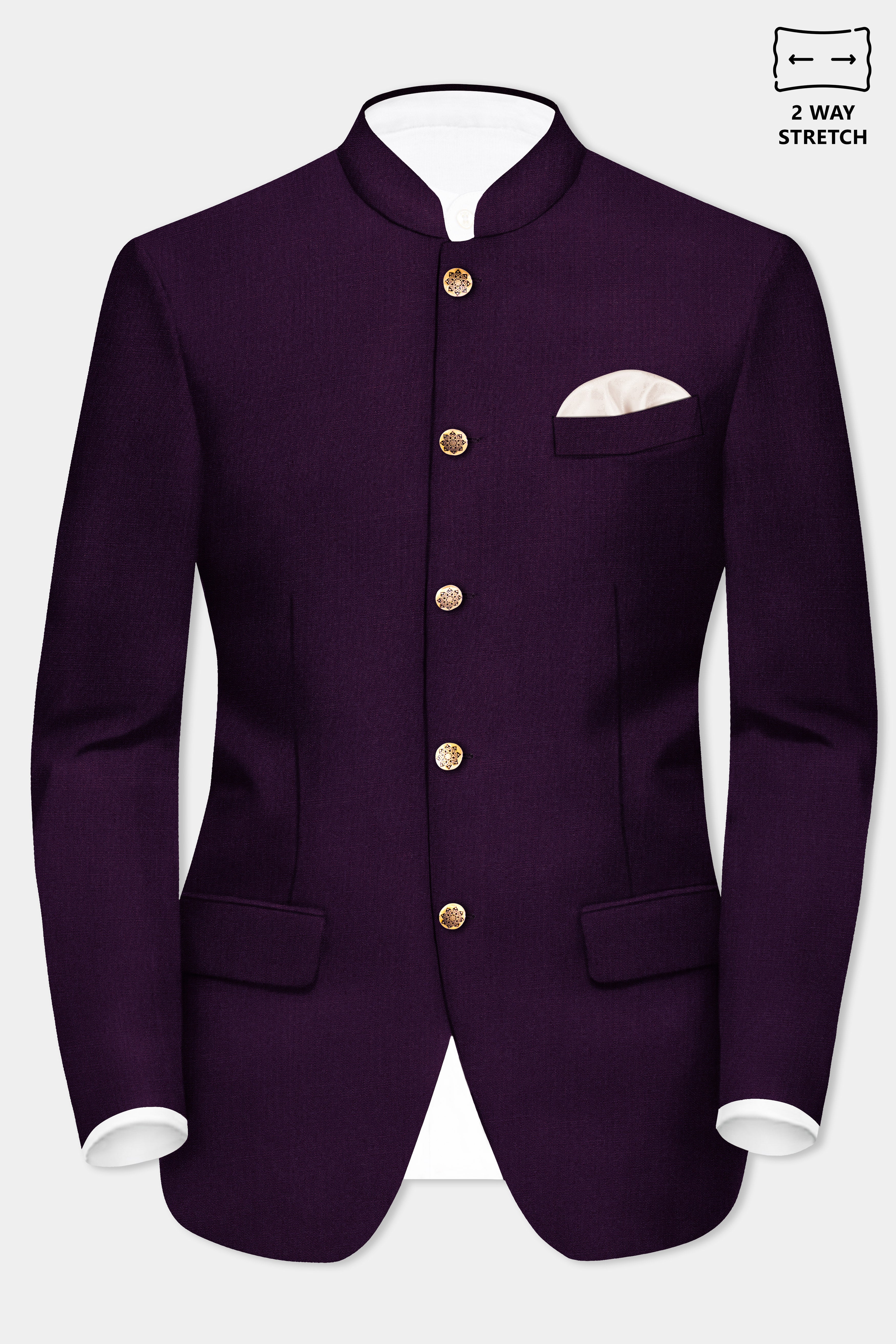 Regal Plum-Eggplant Purple Solid Wool Rich Bandhgala Stretchable traveler Suit