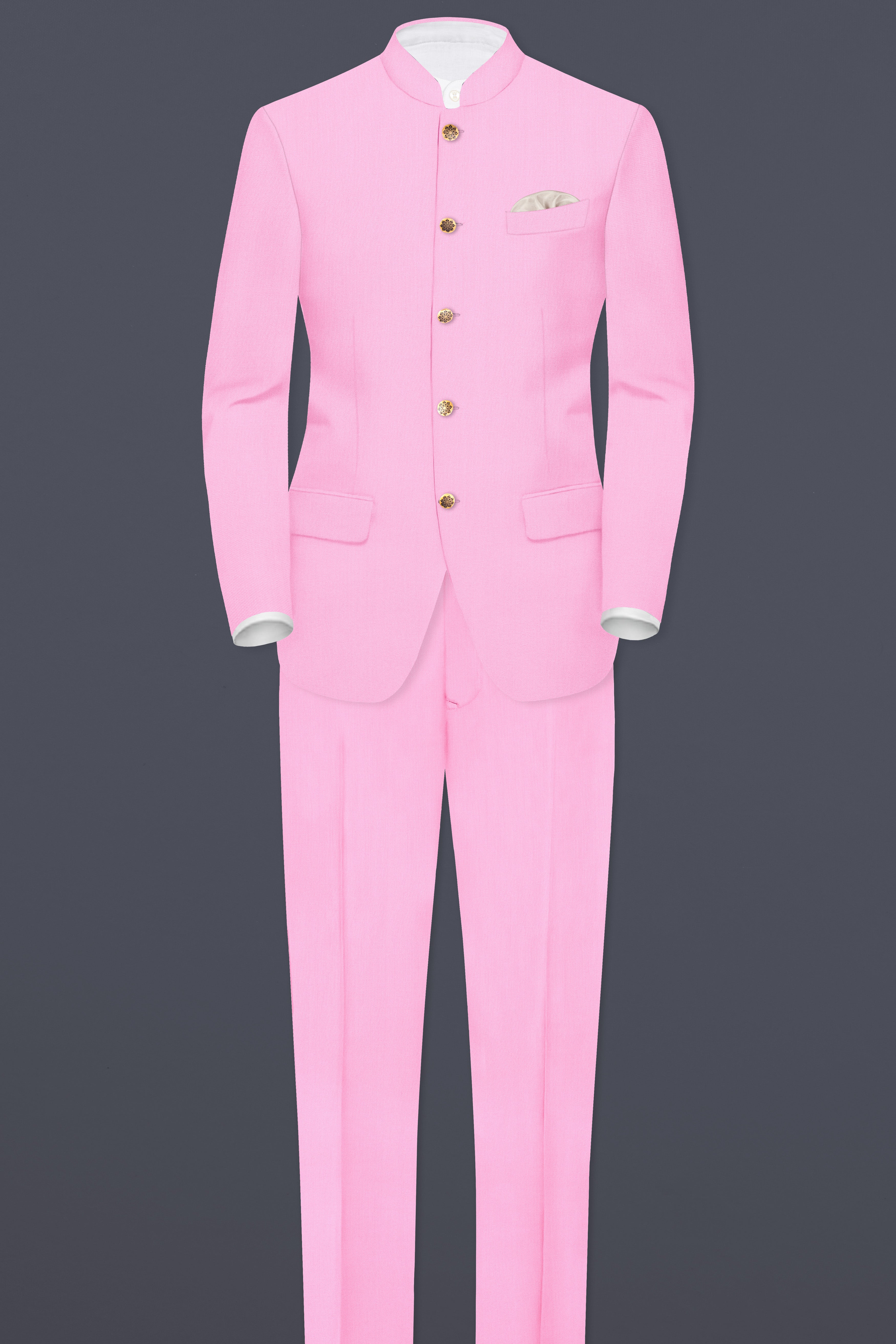 Rosé Reverie-Pestel Pink Solid Wool Rich Bandhgala Slight Stretch Suit