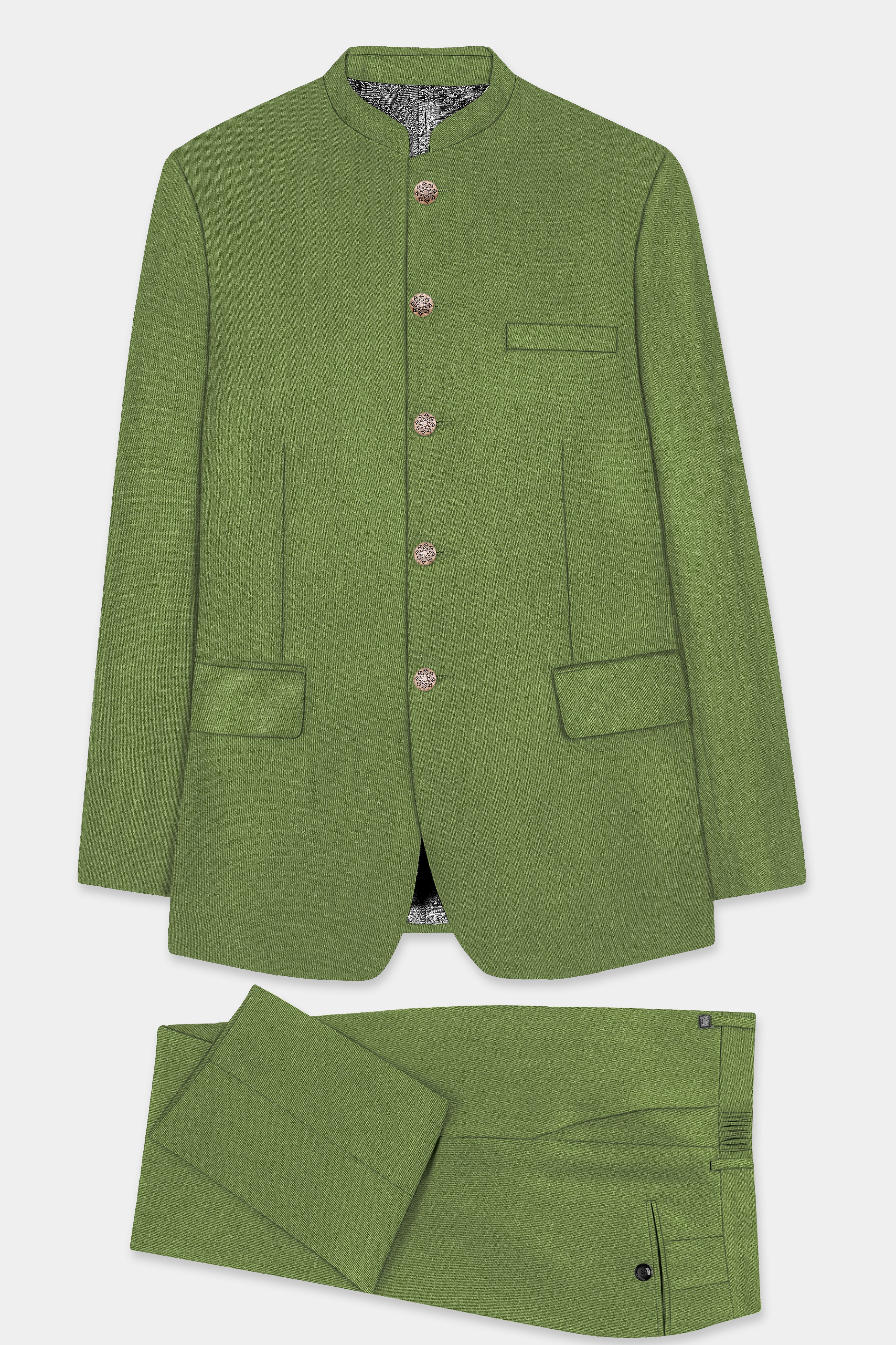 Sage Regal-Dingley Green Solid Wool Rich Bandhgala Stretchable traveler Suit