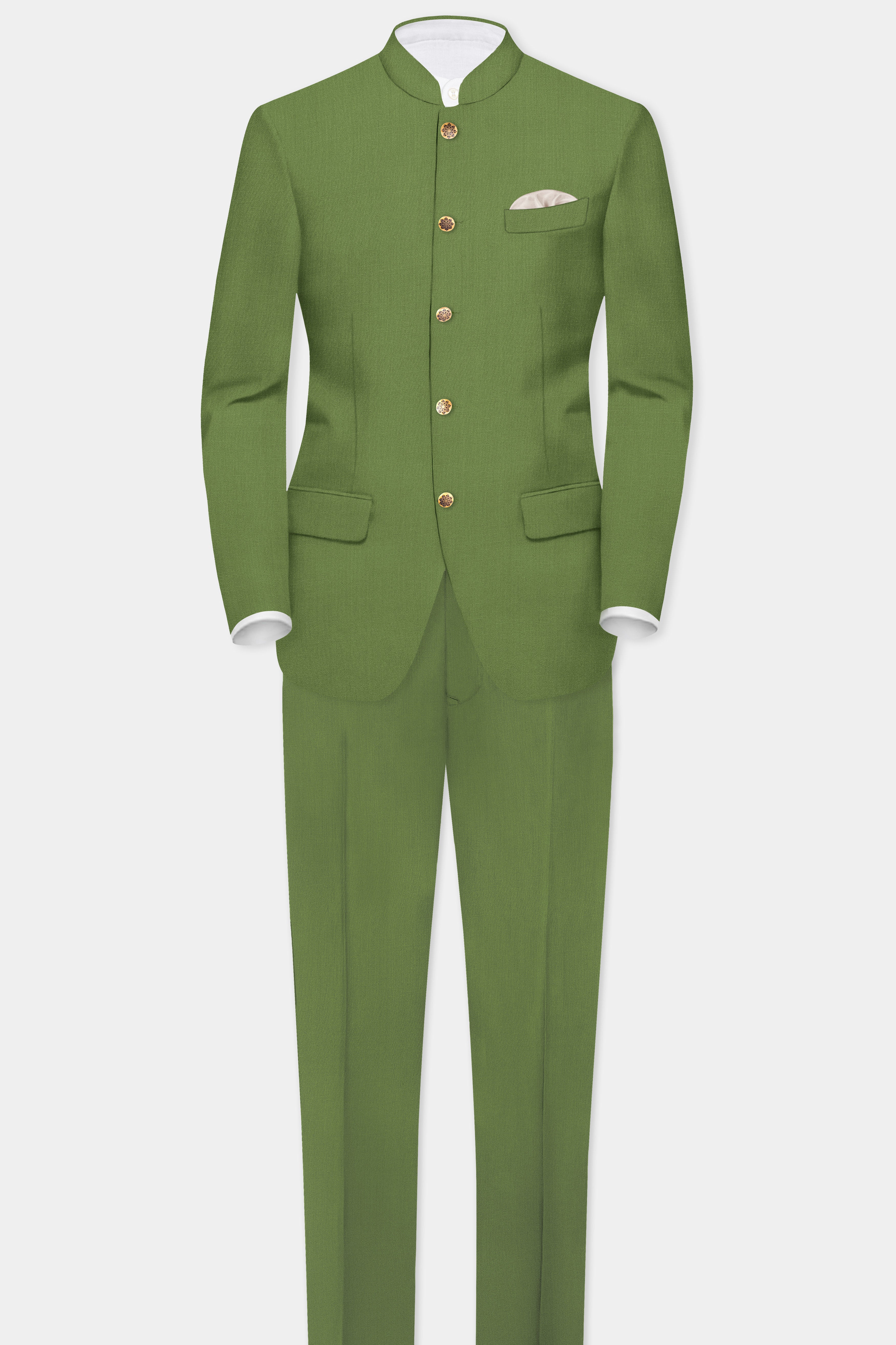 Sage Regal-Dingley Green Solid Wool Rich Bandhgala Stretchable traveler Suit