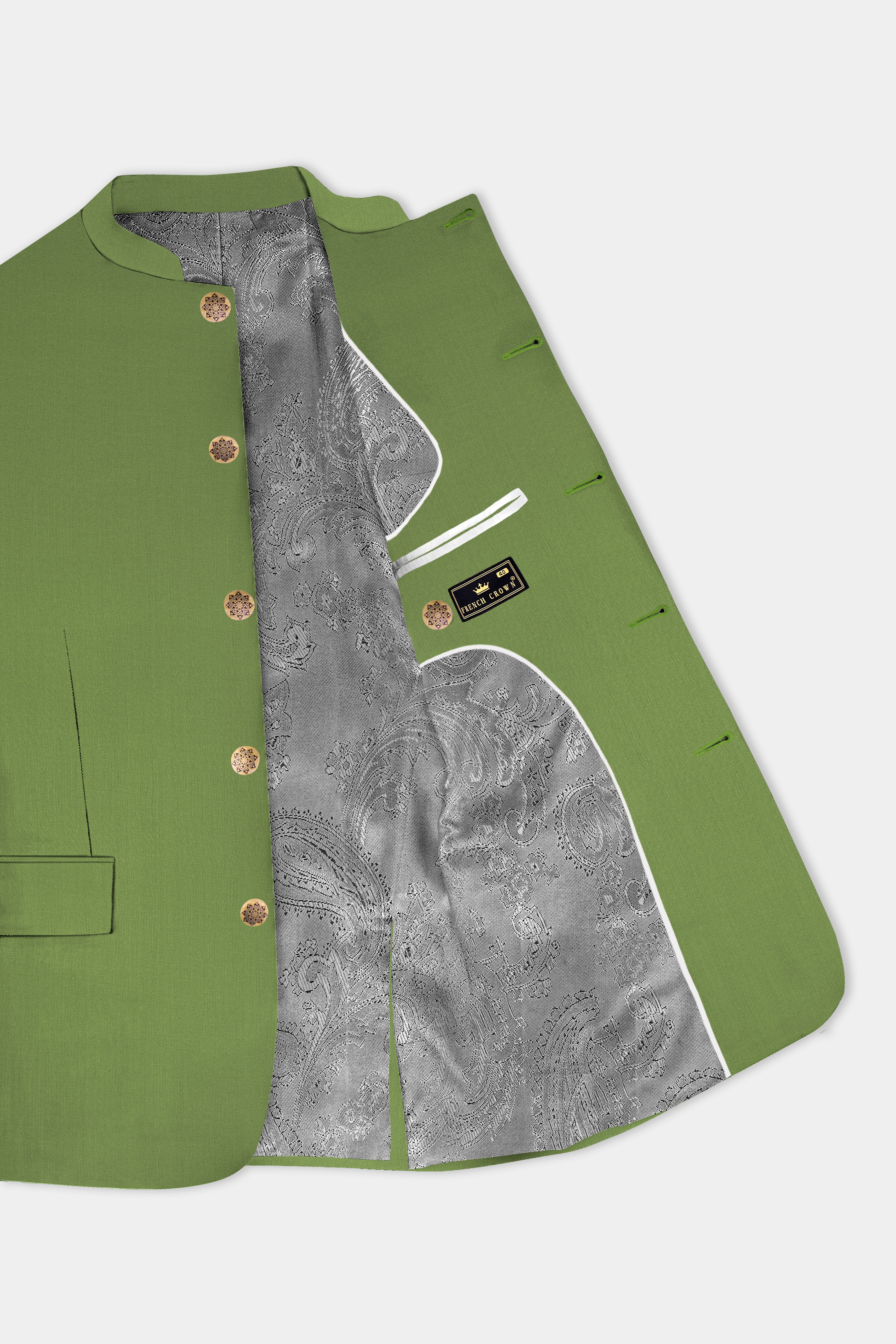 Sage Regal-Dingley Green Solid Wool Rich Bandhgala Slight Stretch Suit