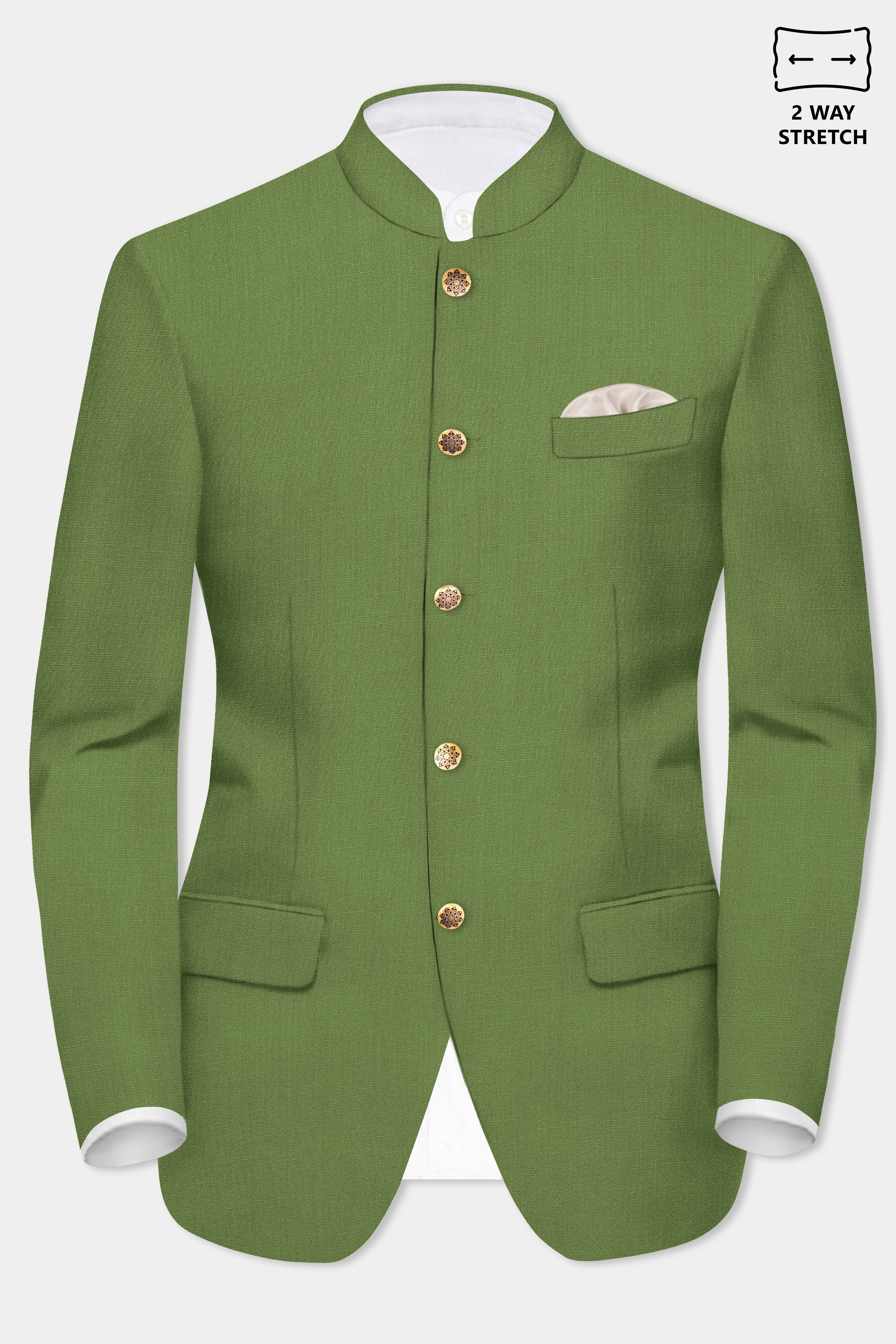 Sage Regal-Dingley Green Solid Wool Rich Bandhgala Stretchable traveler Suit