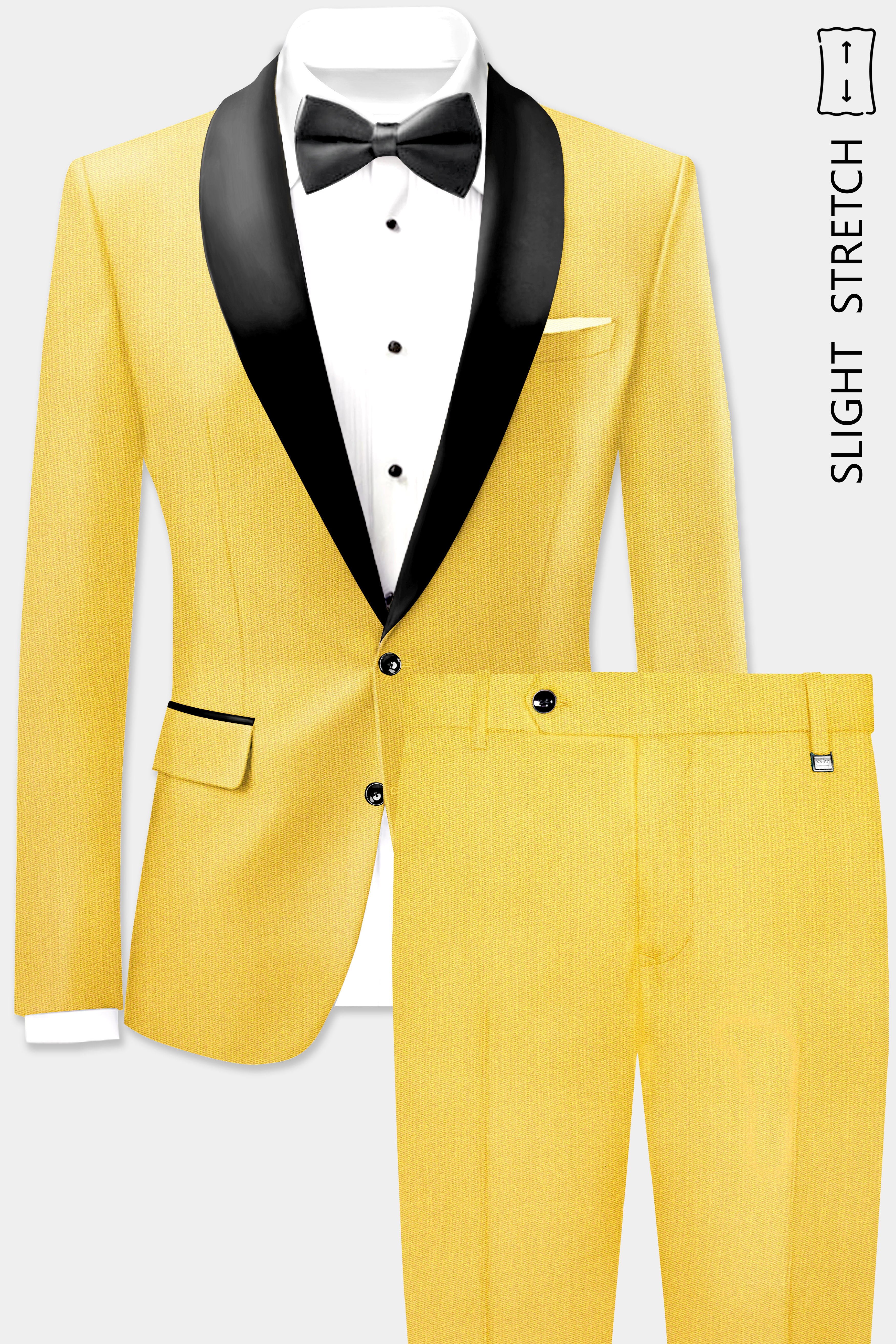 Saffron Elegance-Lemon Yellow Solid Wool Rich Tuxedo Slight Stretch Suit