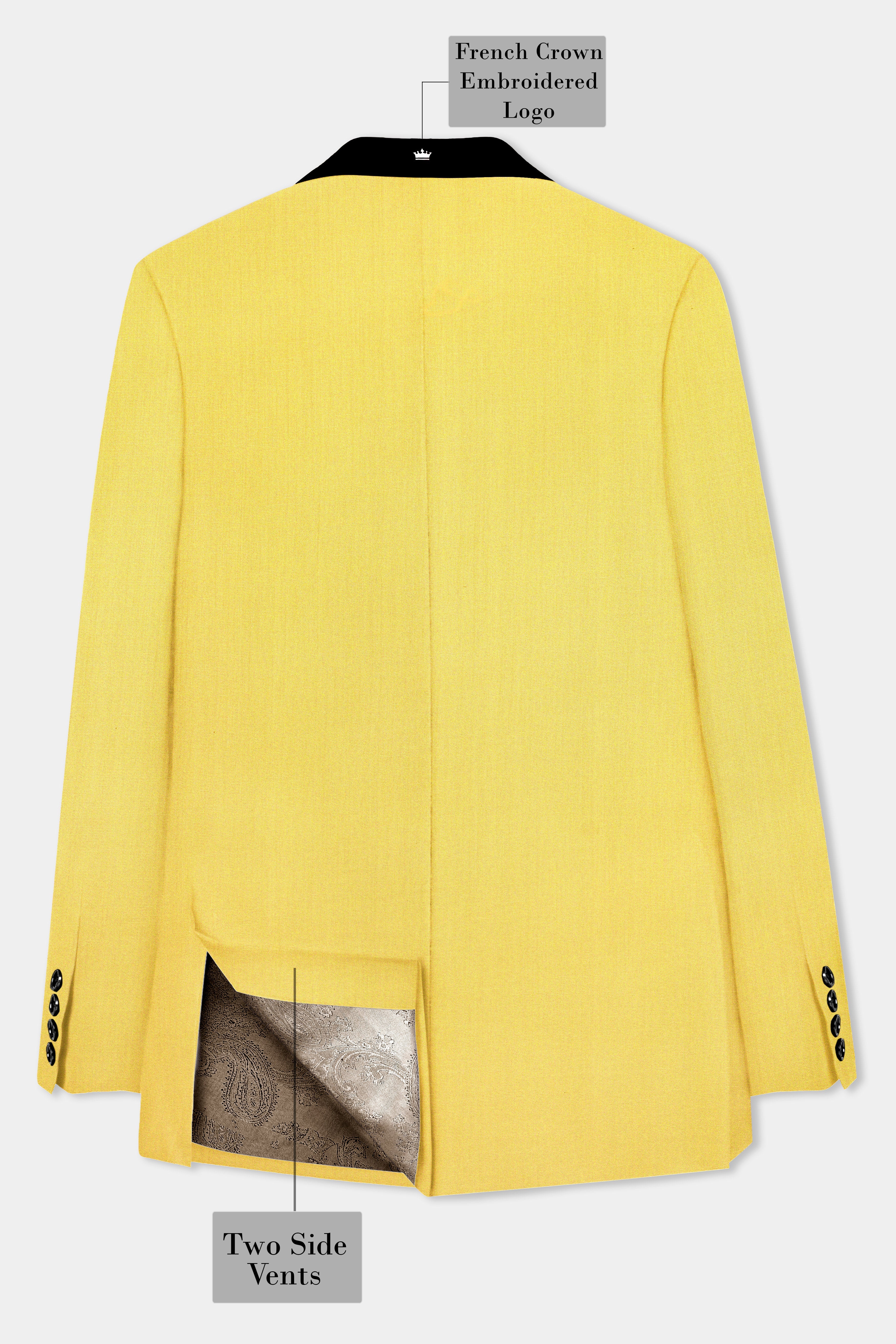 Saffron Elegance-Lemon Yellow Solid Wool Rich Tuxedo Slight Stretch Suit