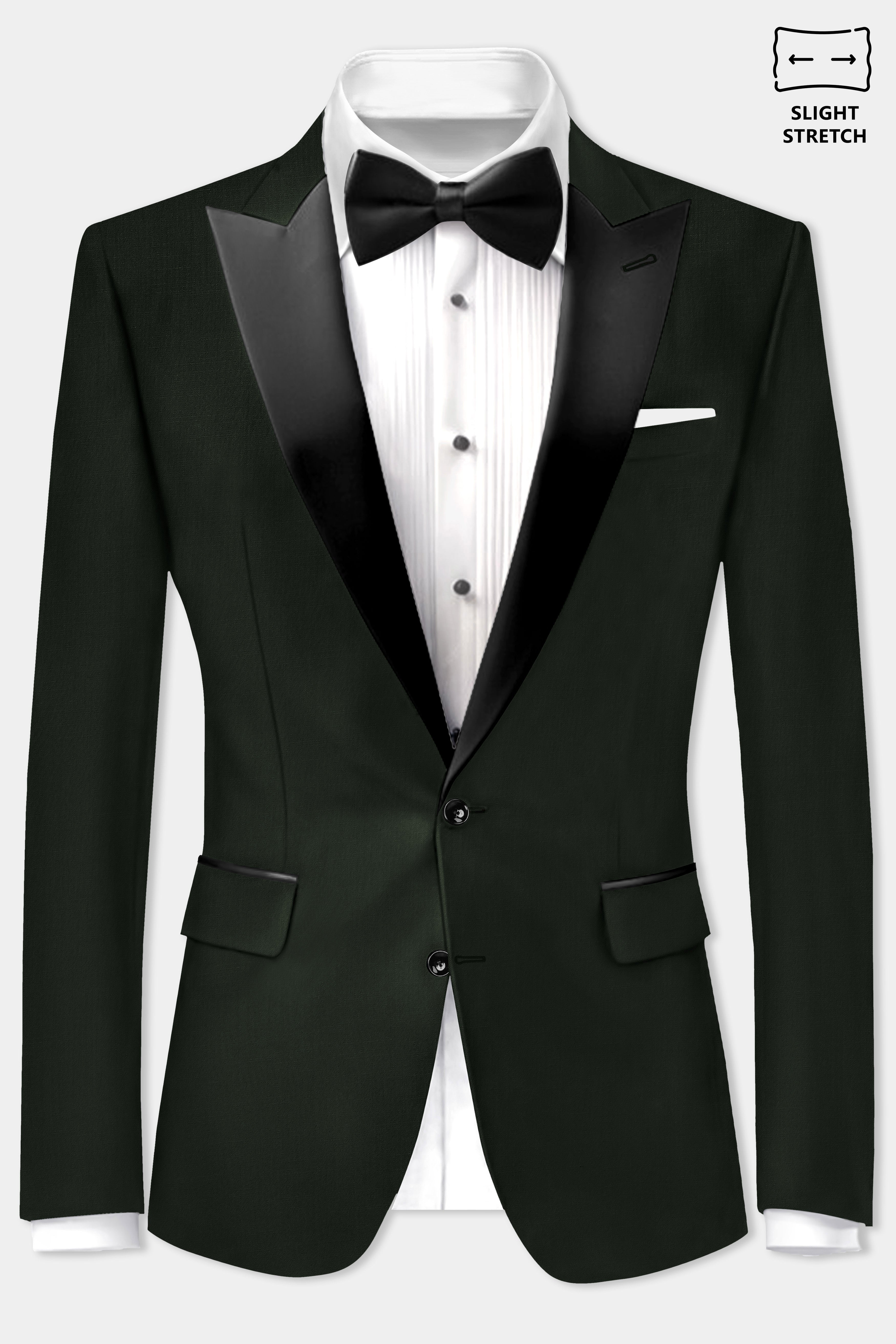 Verdant Majesty-Juniper Green Solid Wool Rich Peak Lapel Tuxedo Slight Stretch Suit