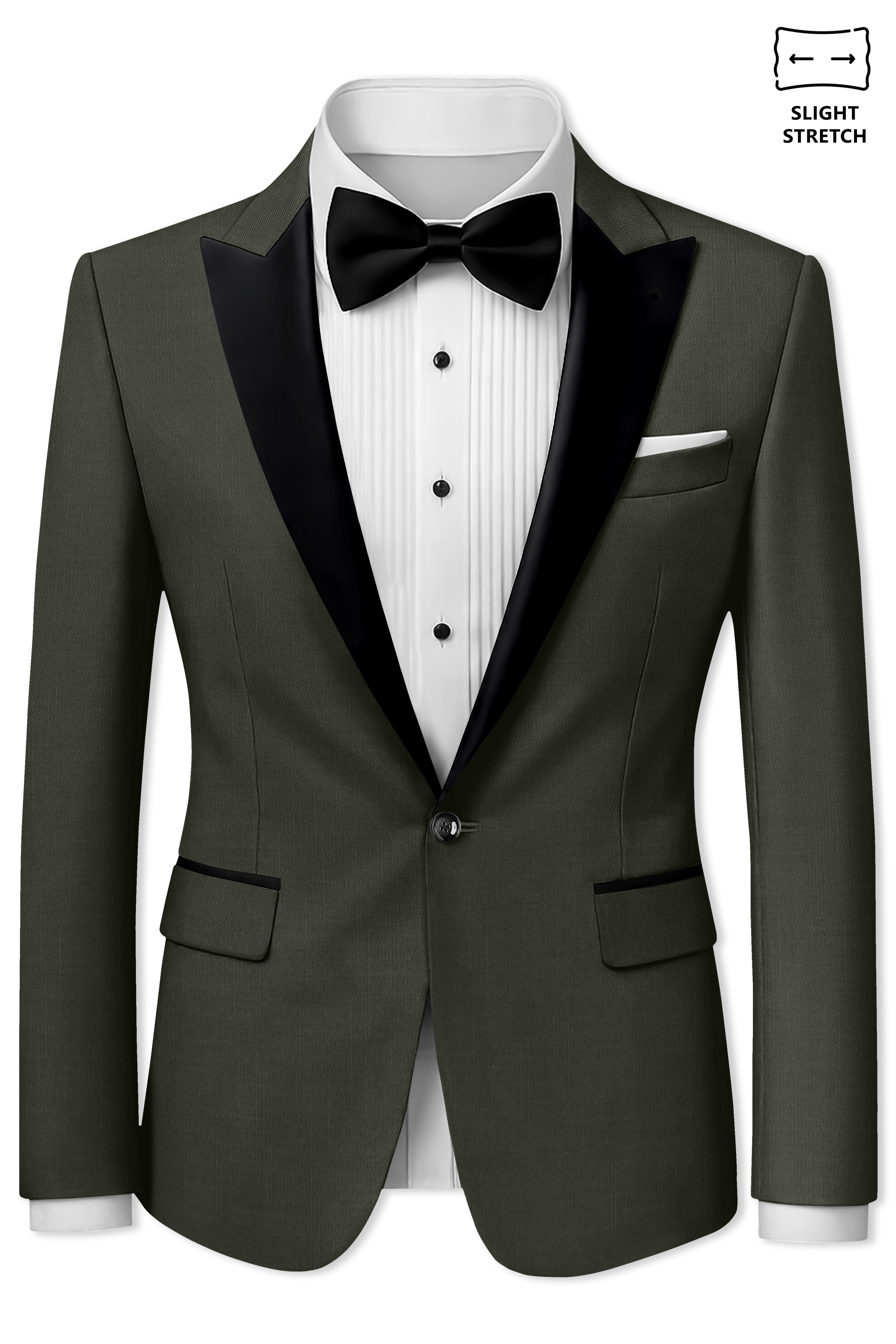 Verdant Majesty-Juniper Green Solid Wool Rich Peak Lapel Tuxedo Slight Stretch Suit