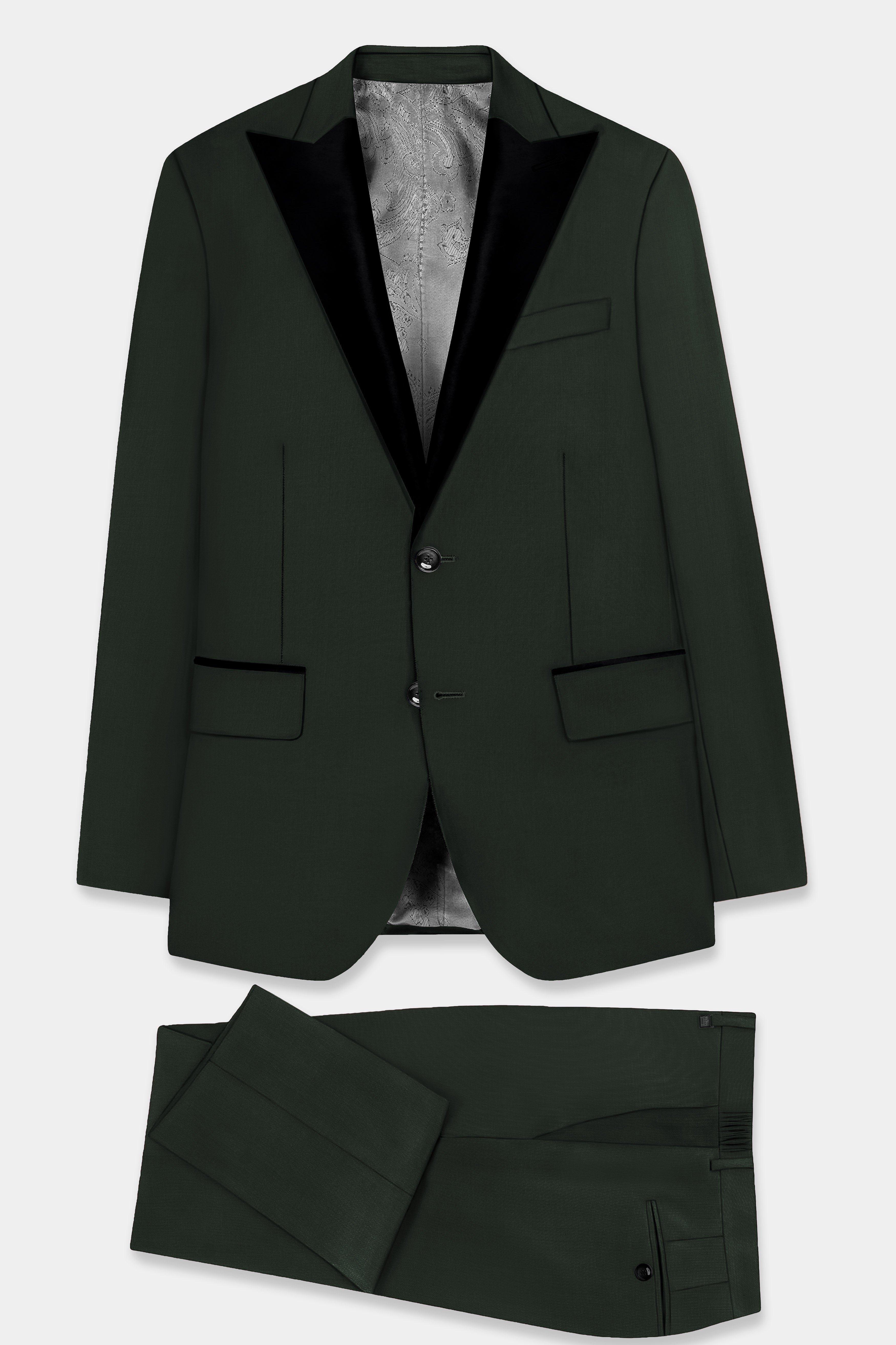 Verdant Majesty-Juniper Green Solid Wool Rich Peak Lapel Tuxedo Slight Stretch Suit