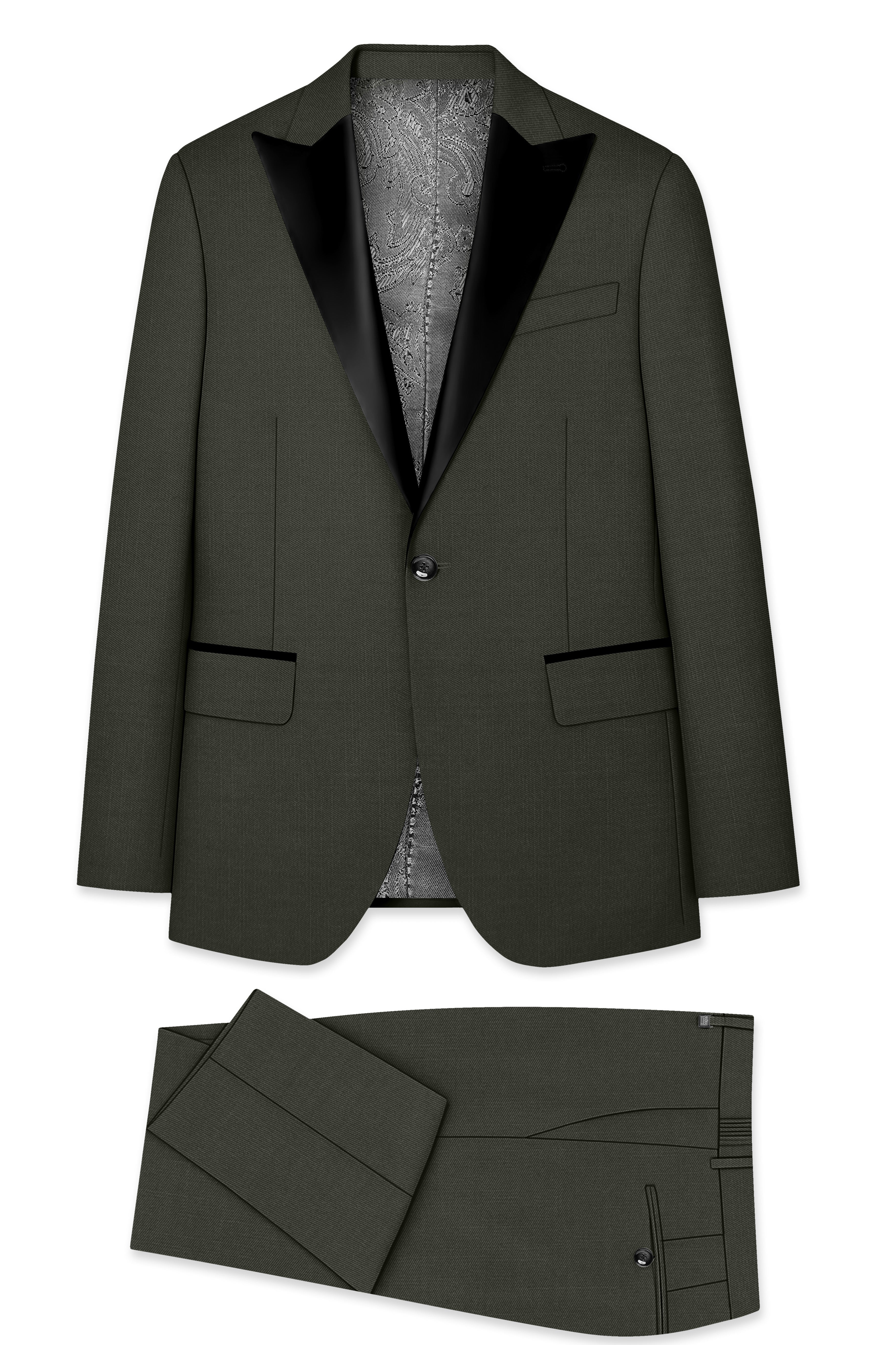 Verdant Majesty-Juniper Green Solid Wool Rich Peak Lapel Tuxedo Slight Stretch Suit