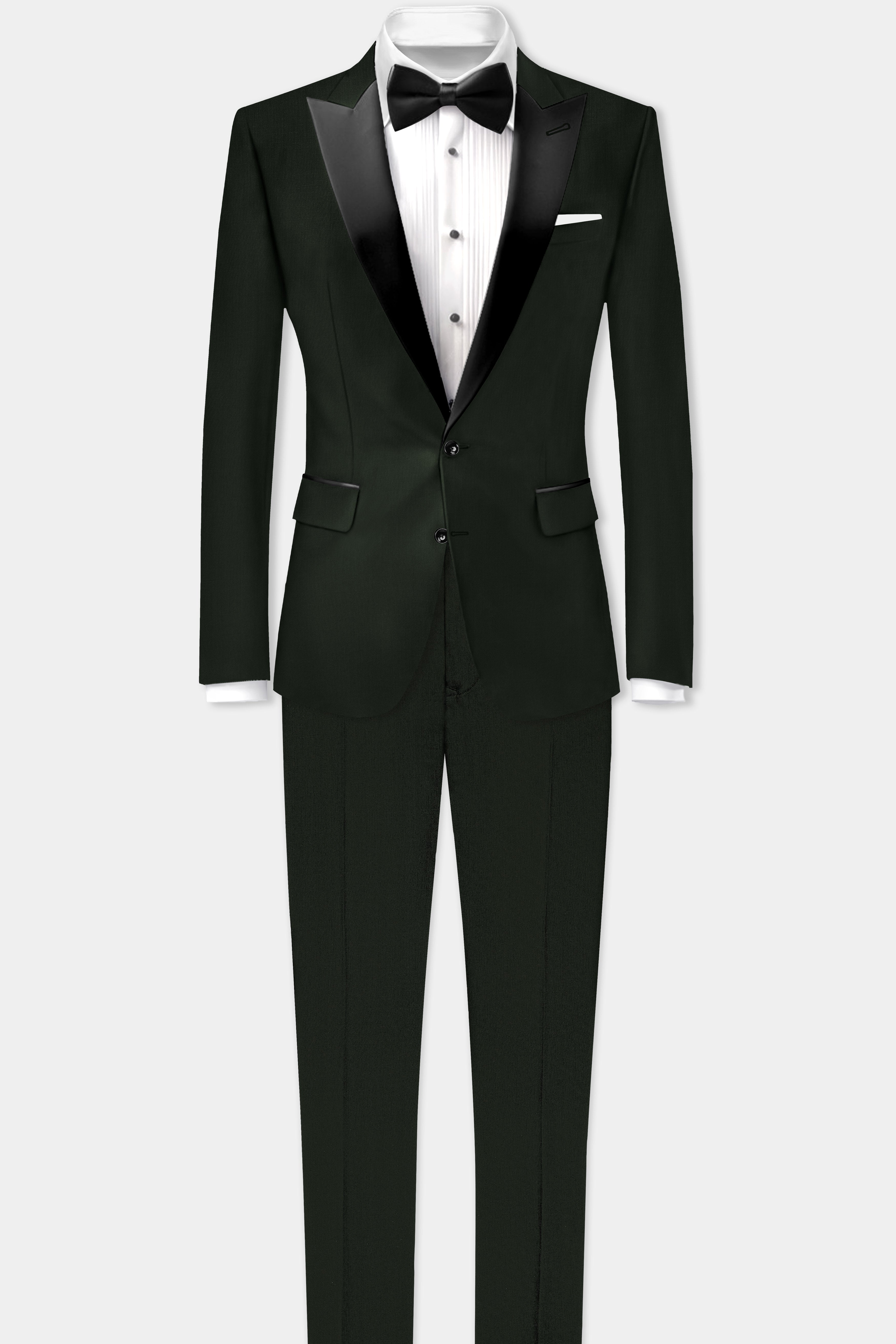 Verdant Majesty-Juniper Green Solid Wool Rich Peak Lapel Tuxedo Slight Stretch Suit