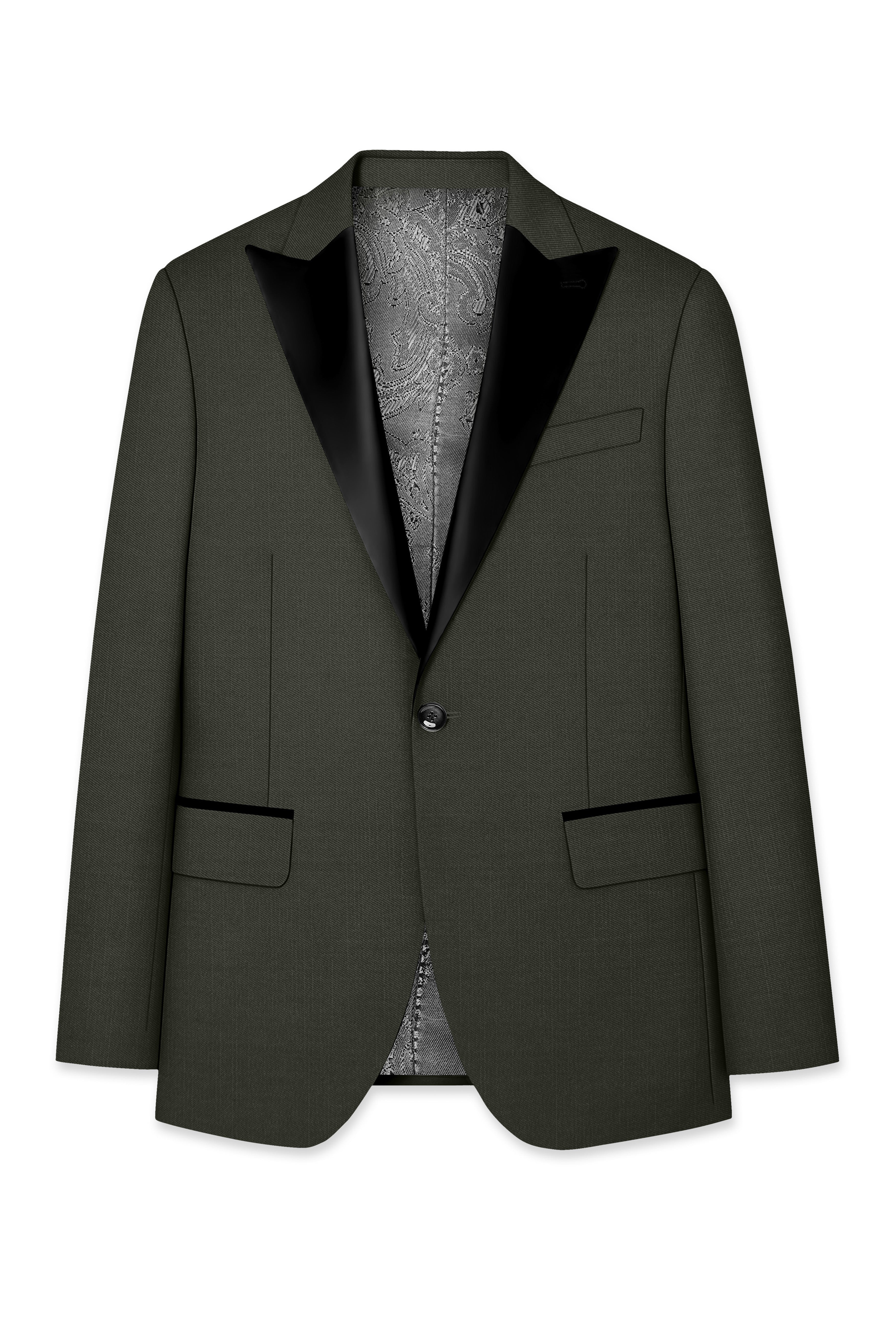 Verdant Majesty-Juniper Green Solid Wool Rich Peak Lapel Tuxedo Slight Stretch Suit