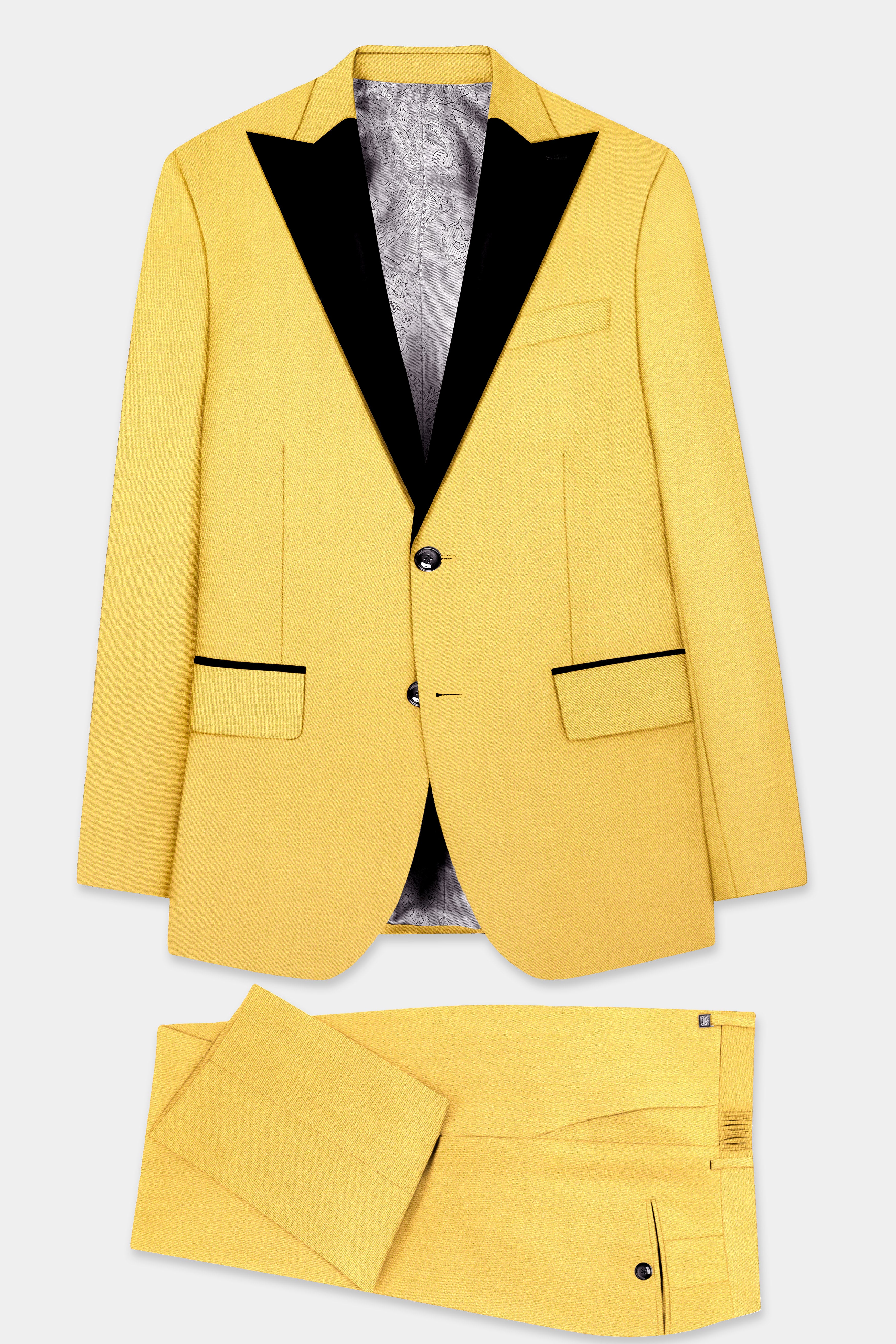 Saffron Elegance-Lemon Yellow Solid Wool Rich Peak Lapel Tuxedo Slight Stretch Suit