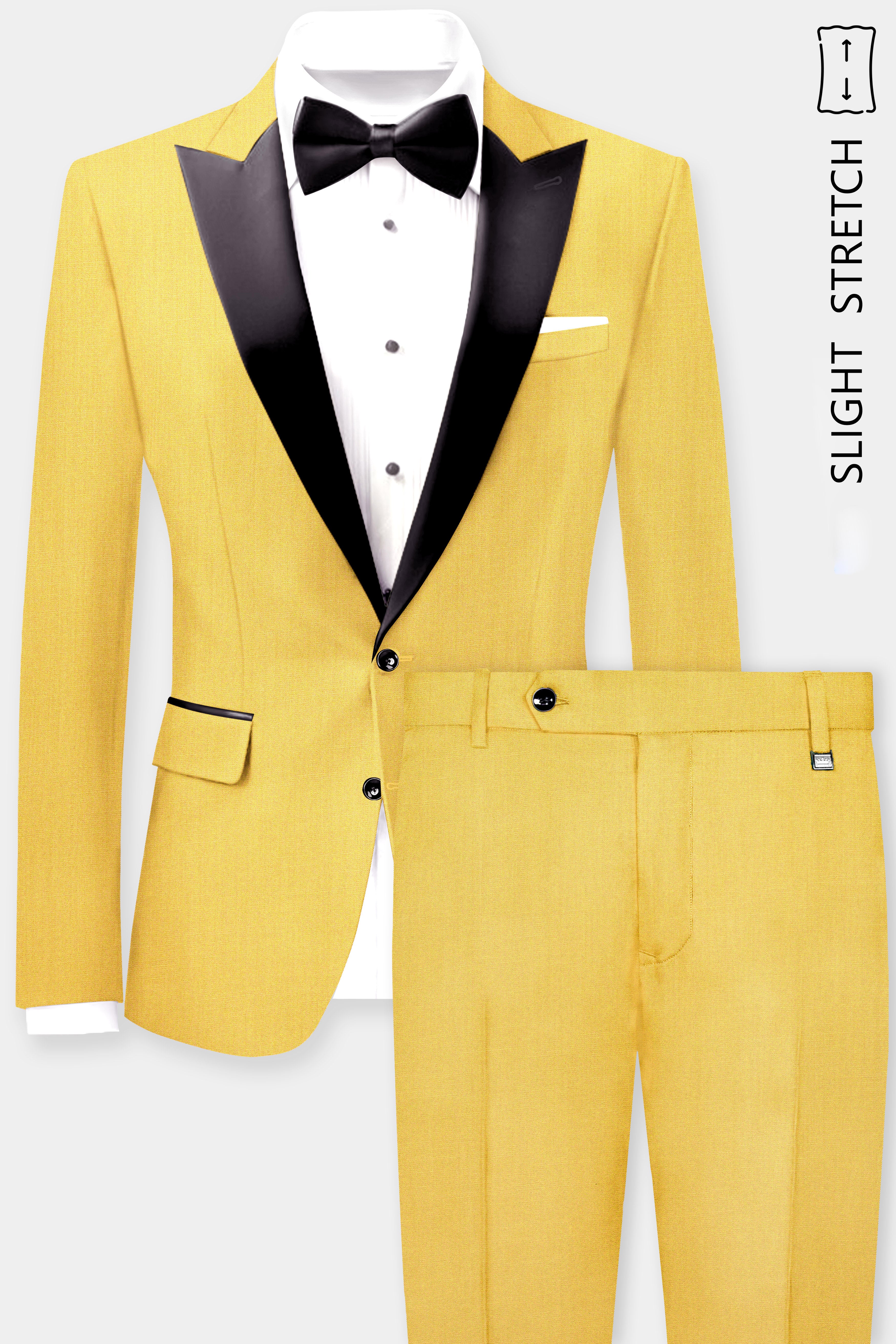 Saffron Elegance-Lemon Yellow Solid Wool Rich Peak Lapel Tuxedo Slight Stretch Suit