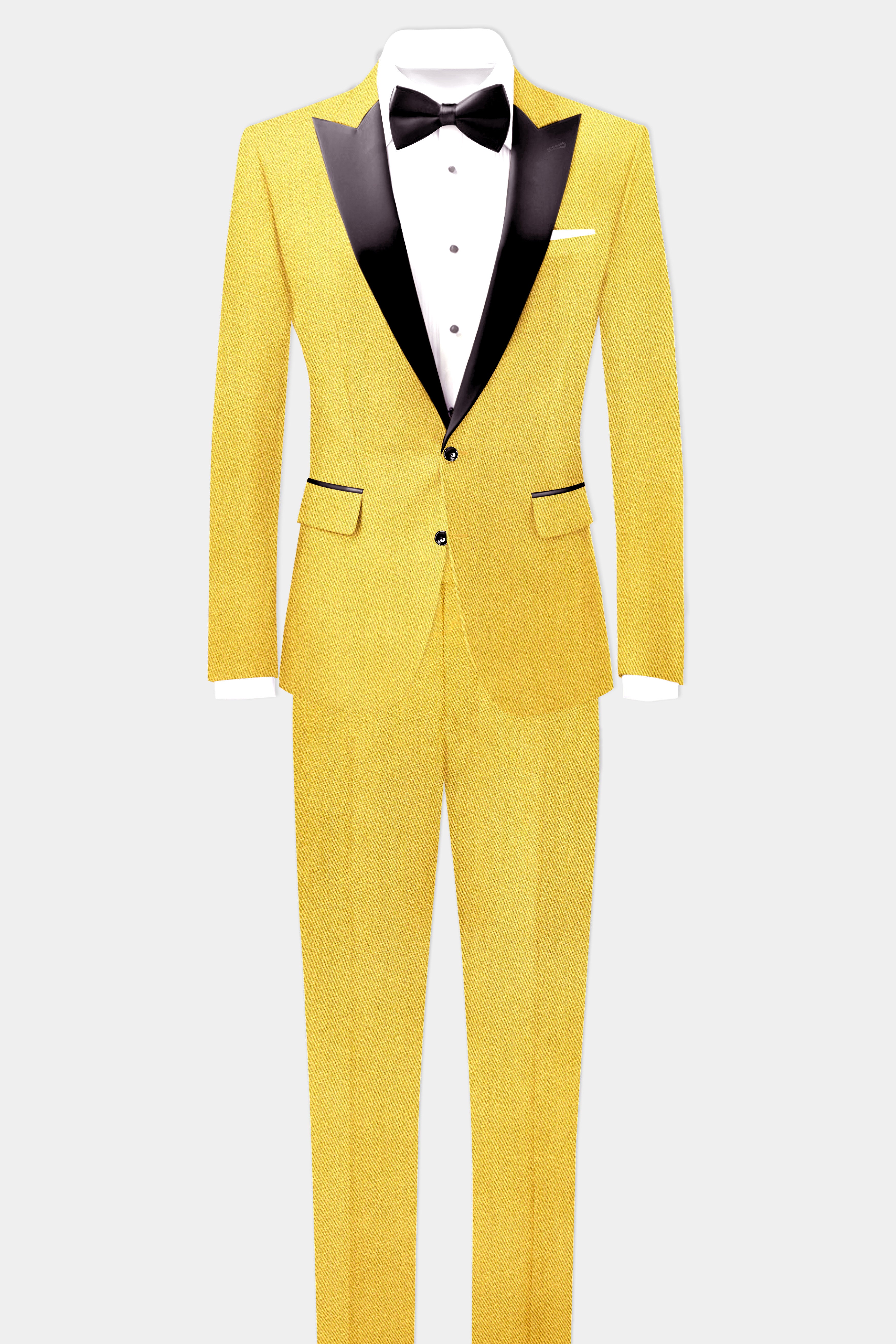 Saffron Elegance-Lemon Yellow Solid Wool Rich Peak Lapel Tuxedo Slight Stretch Suit