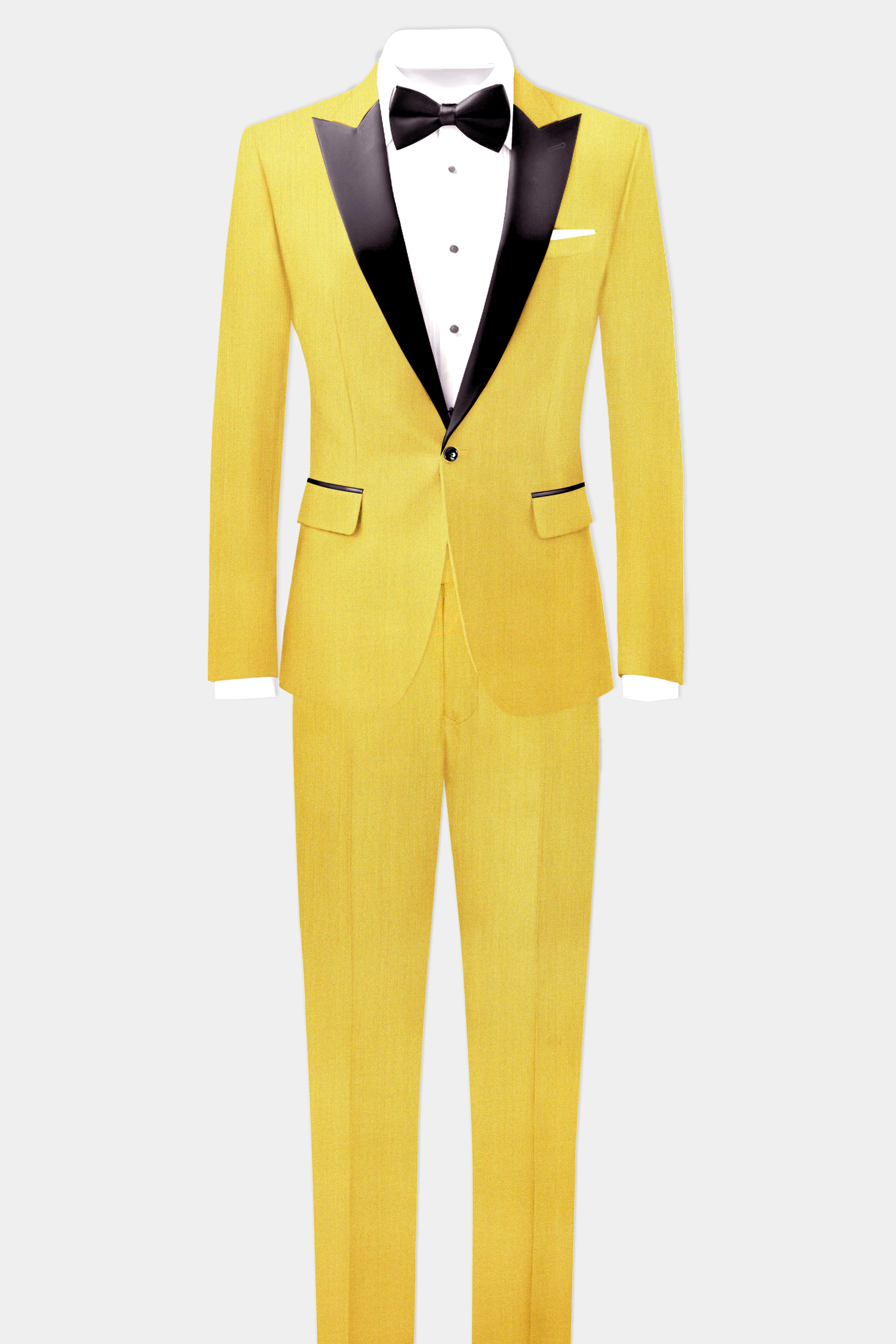 Saffron Elegance-Lemon Yellow Solid Wool Rich Peak Lapel Tuxedo Slight Stretch Suit