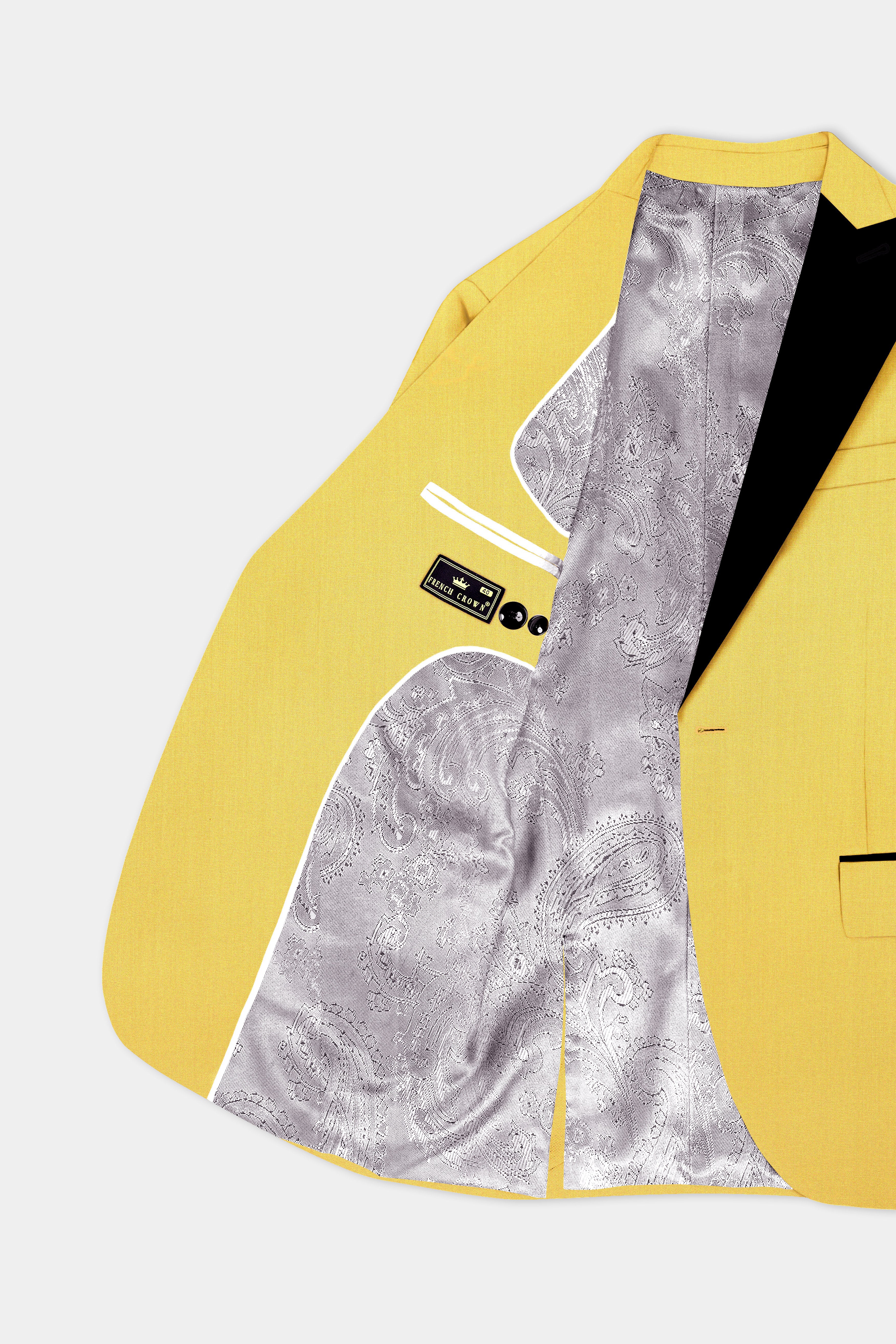 Saffron Elegance-Lemon Yellow Solid Wool Rich Peak Lapel Tuxedo Slight Stretch Suit