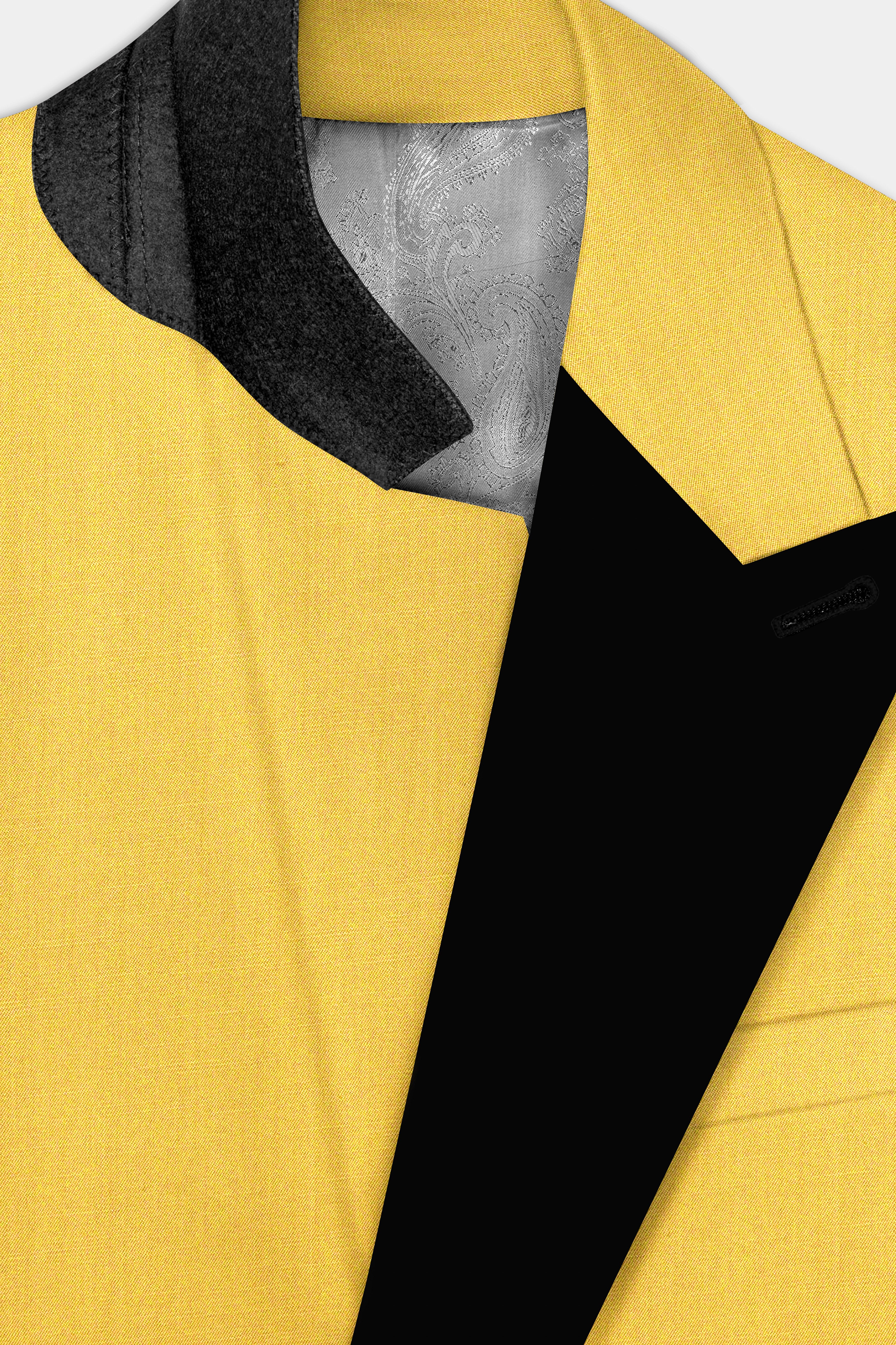 Saffron Elegance-Lemon Yellow Solid Wool Rich Peak Lapel Tuxedo Slight Stretch Suit