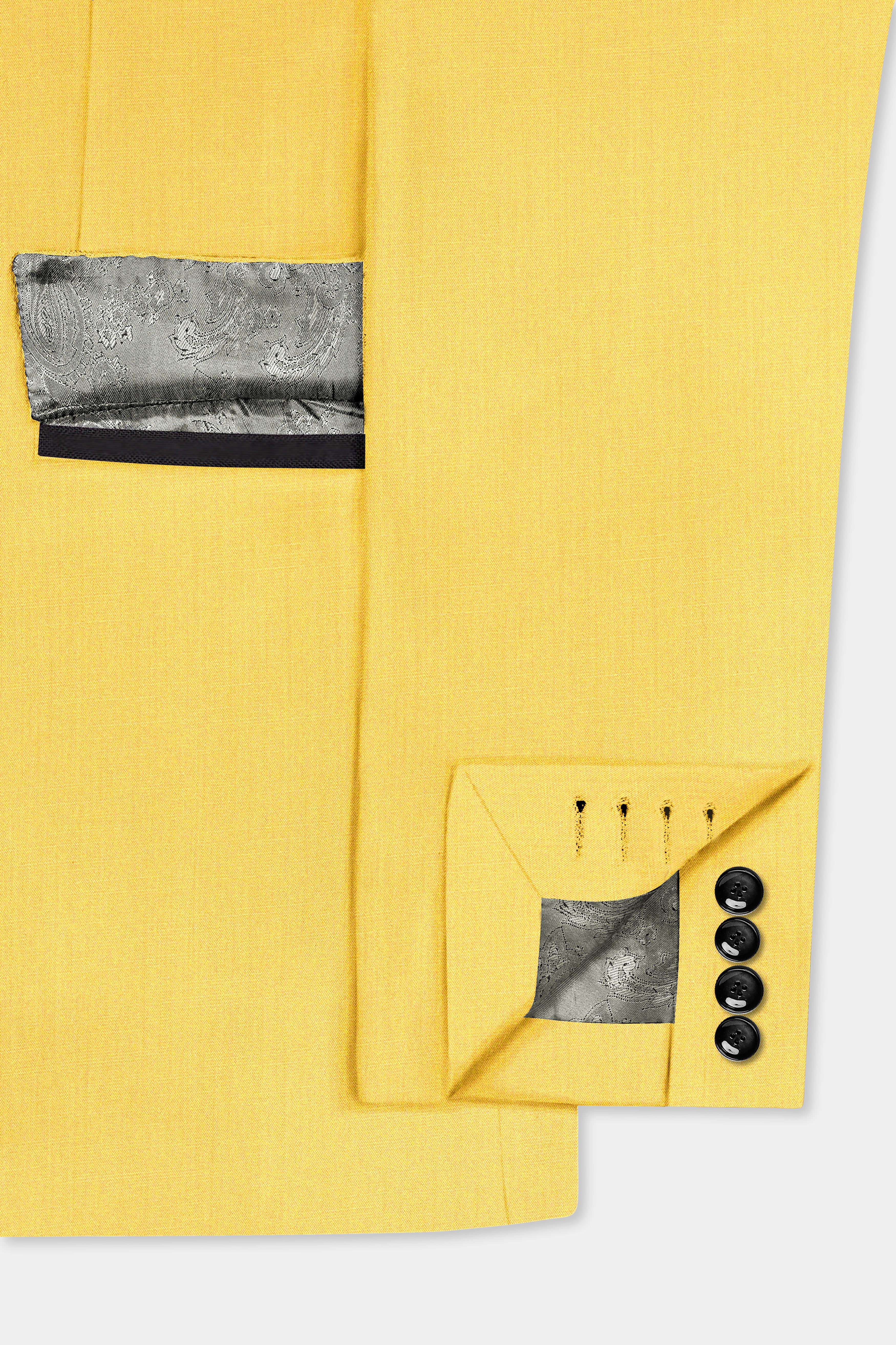 Saffron Elegance-Lemon Yellow Solid Wool Rich Peak Lapel Tuxedo Slight Stretch Suit