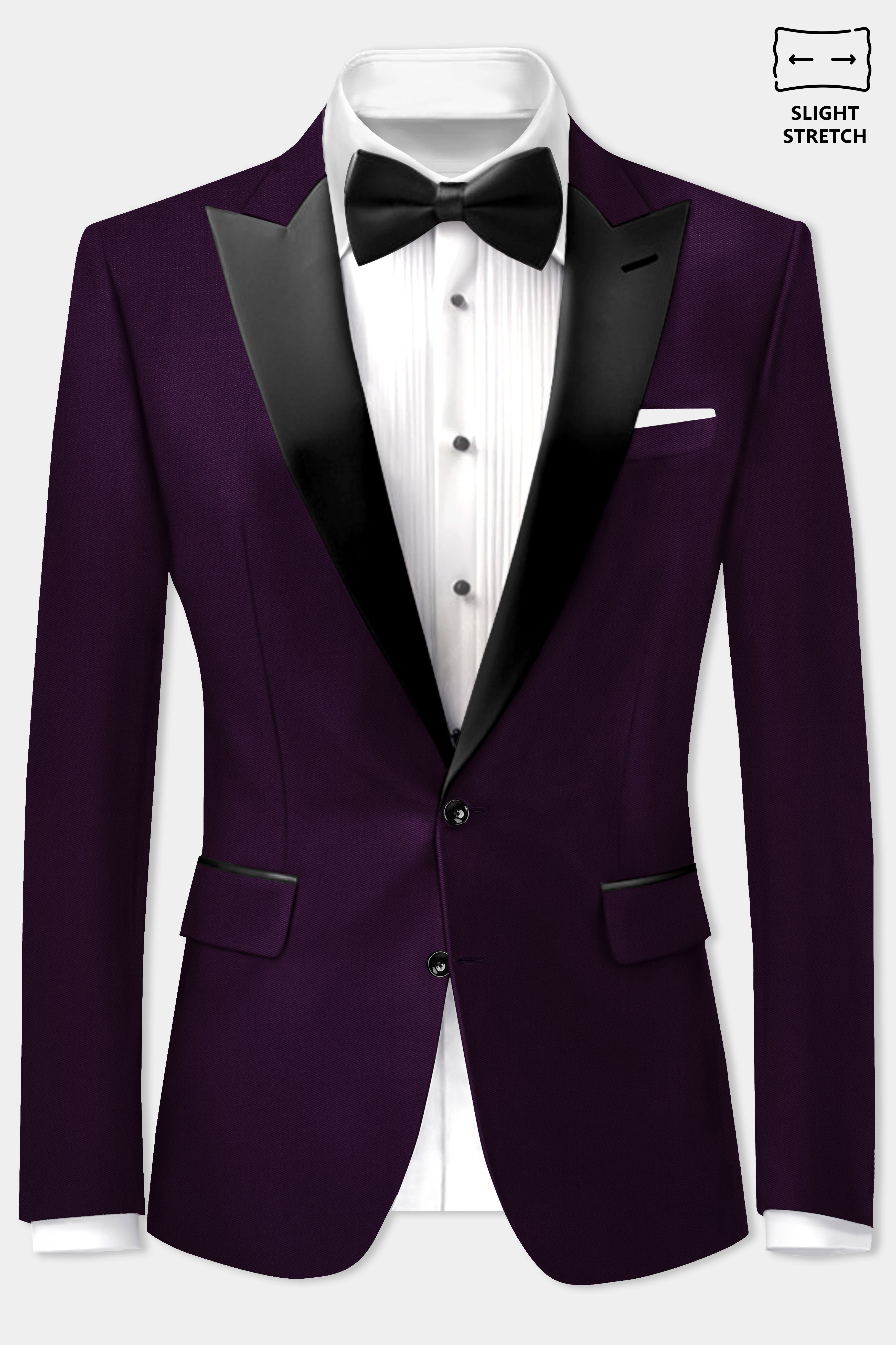 Regal Plum-Eggplant Purple Solid Wool Rich Peak Lapel Tuxedo Slight Stretch Suit