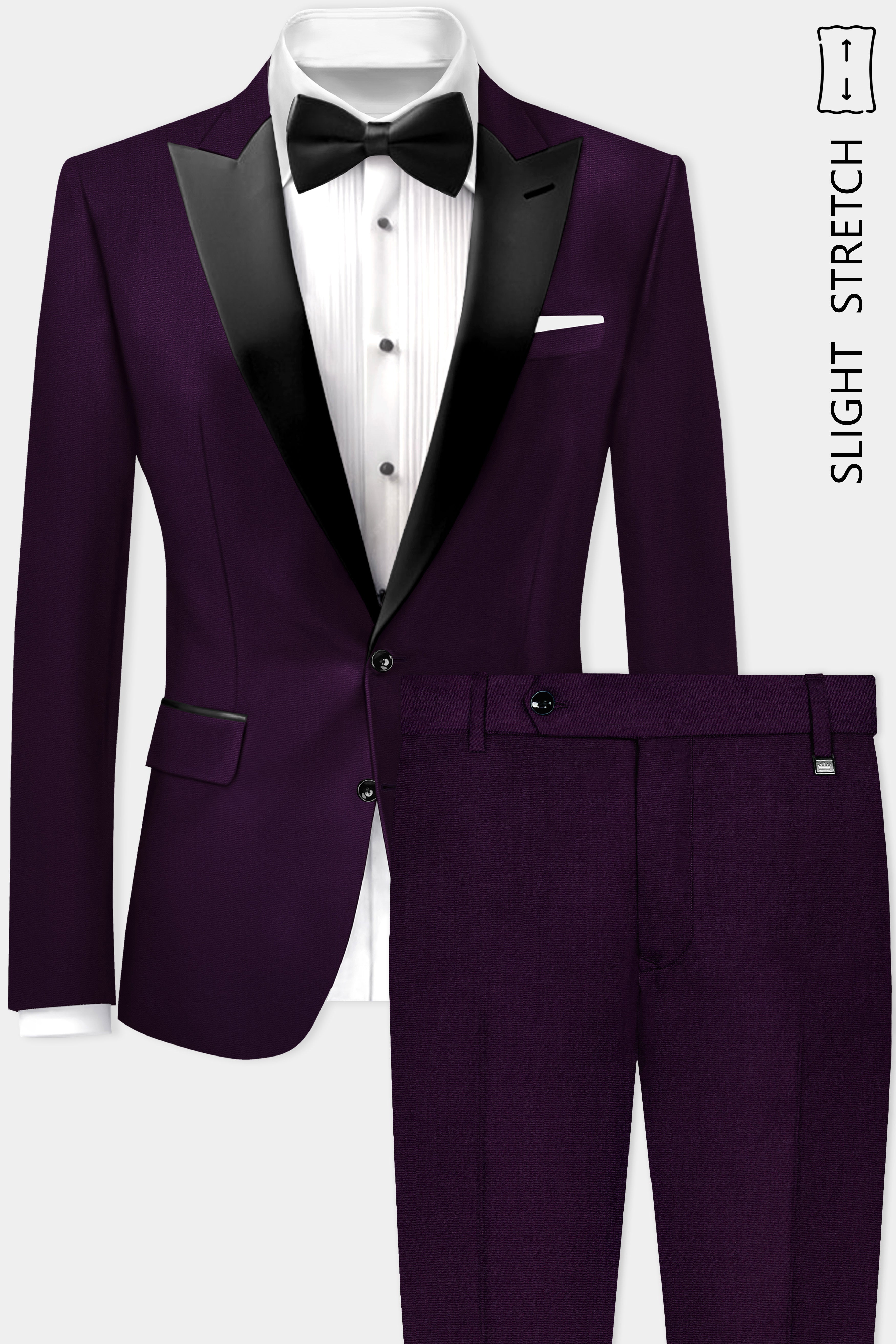 Regal Plum-Eggplant Purple Solid Wool Rich Peak Lapel Tuxedo Slight Stretch Suit